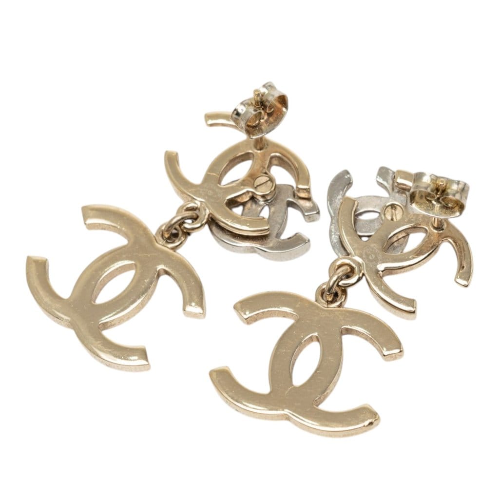 Chanel Gold Plated Strass and Faux Pearl Double CC Drop Push Back Earrings
