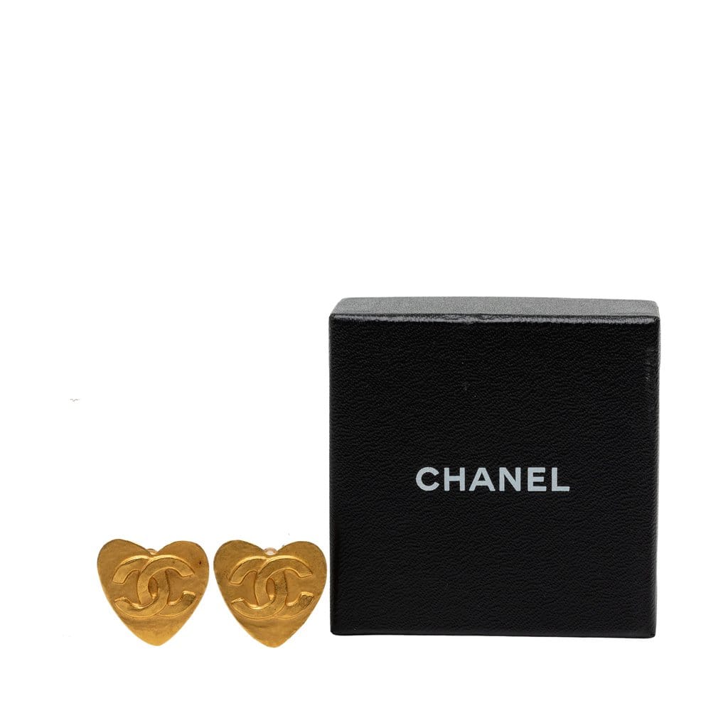 Chanel CC Gold Plated Heart Clip On Earrings