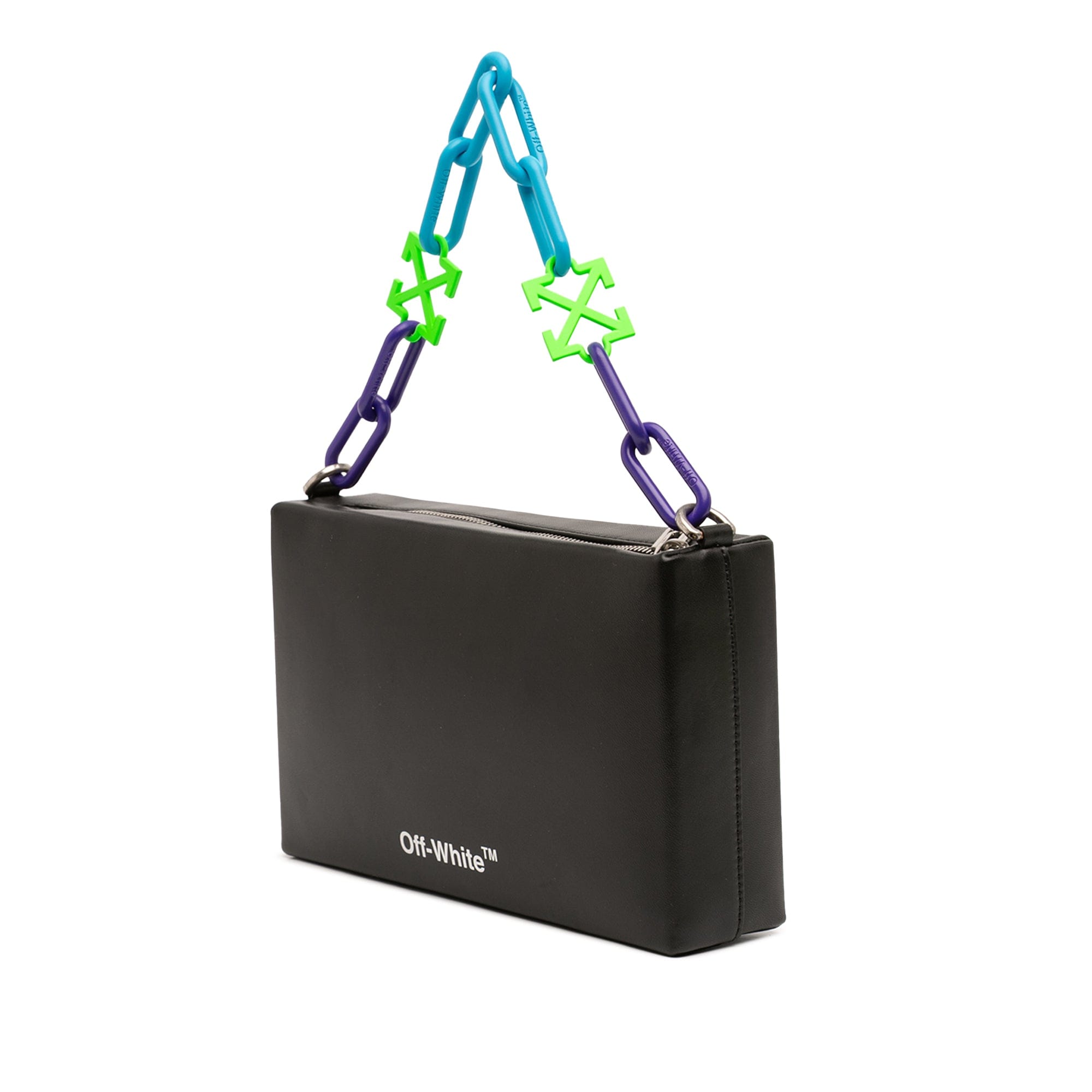 Off-White Leather Block Pouch Quote Clutch with Chain
