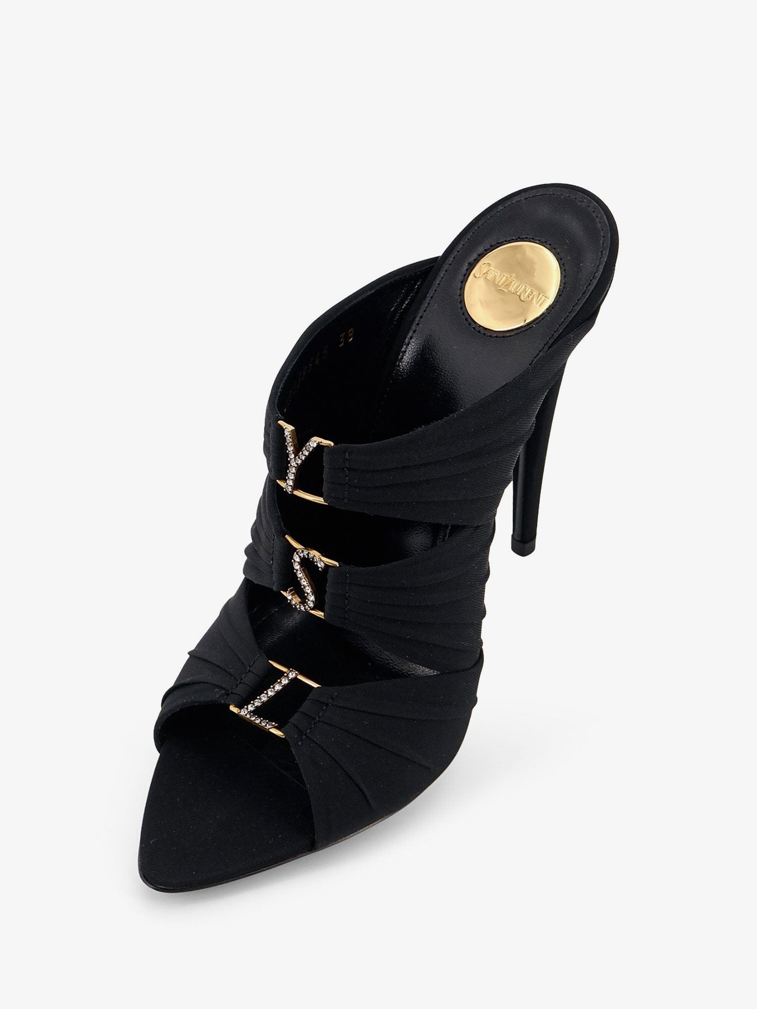 Saint Laurent Emilie satin sandals with rhinestone logo detail