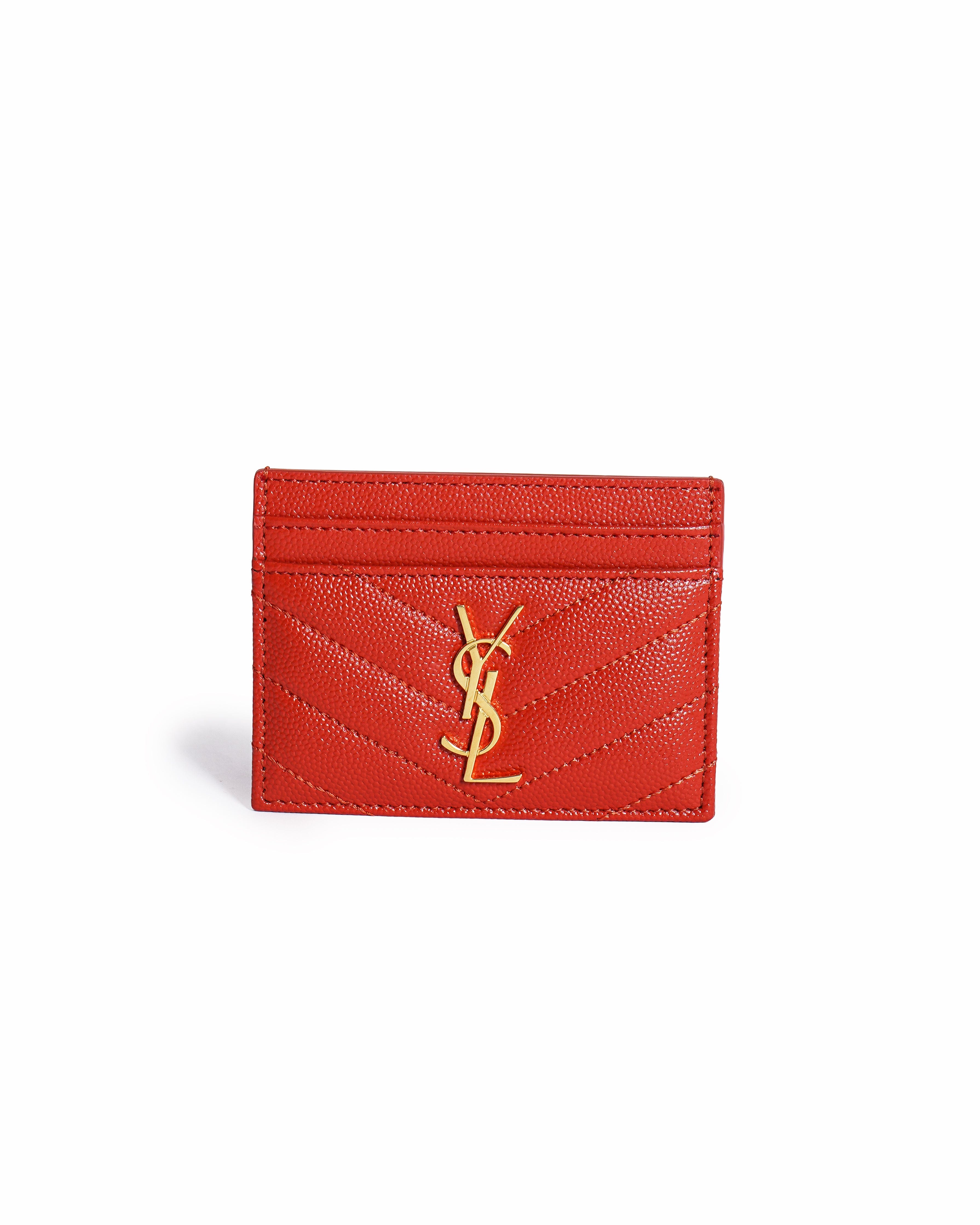 Saint Laurent Red Grain de Poudre Monogram Card Holder