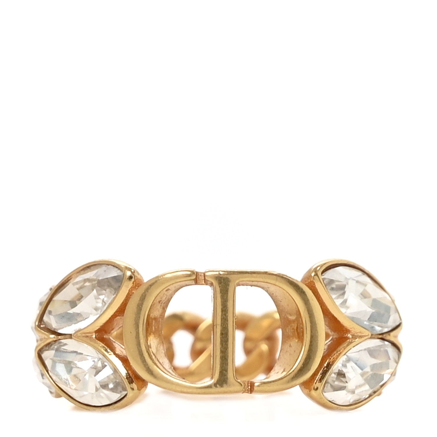 Christian Dior Metal Crystal CD Chain Ring Gold