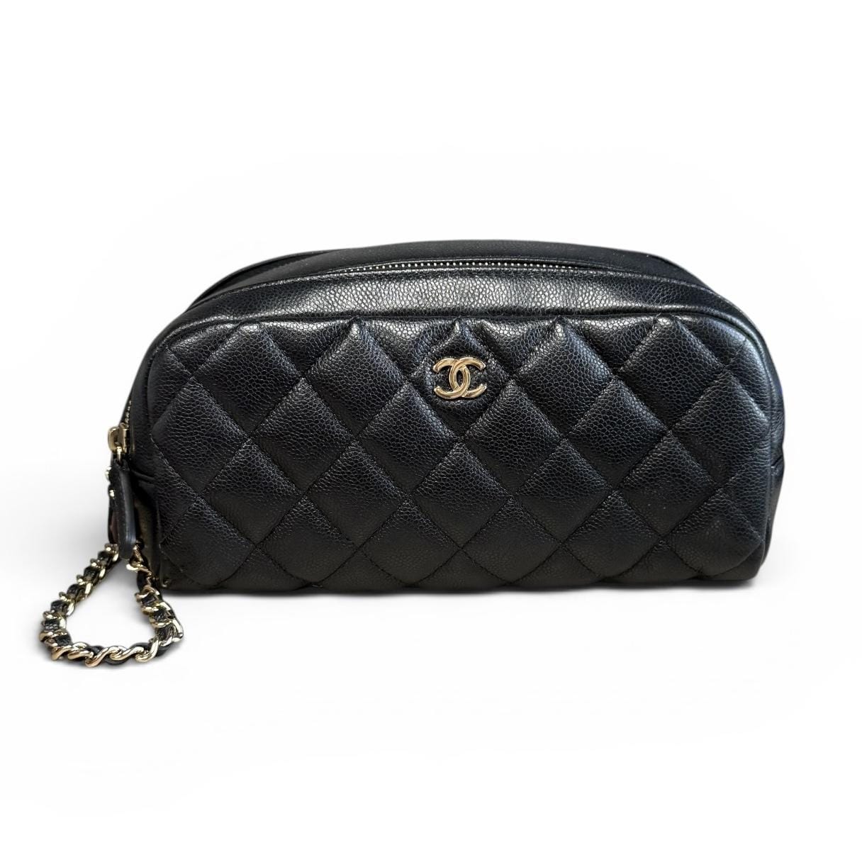 Chanel Black Caviar Double Zip Toiletry Case with Chain