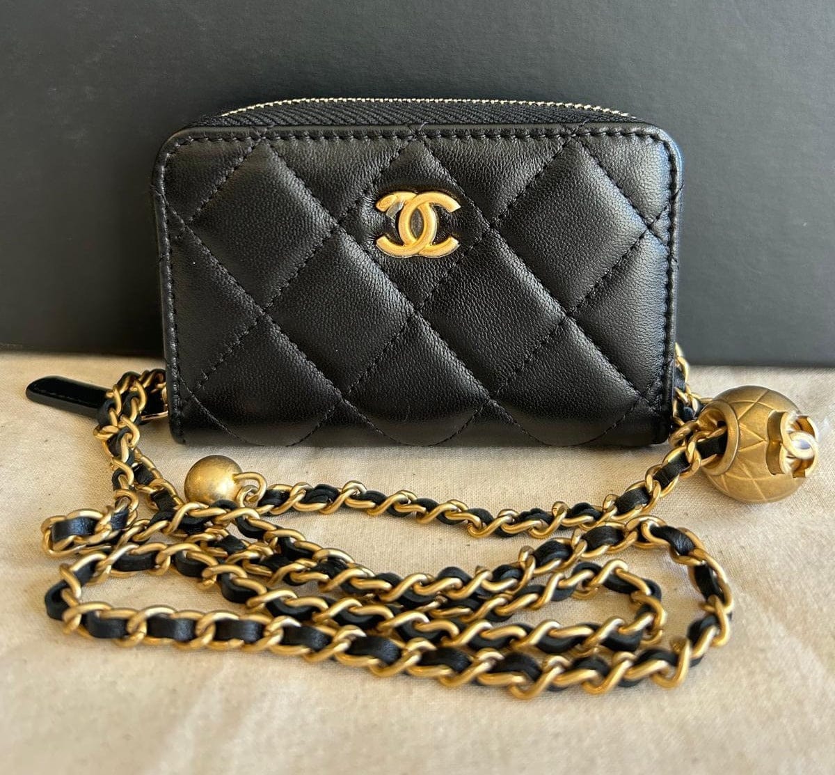 Chanel Black Mini Card Wallet with Zip on Chain