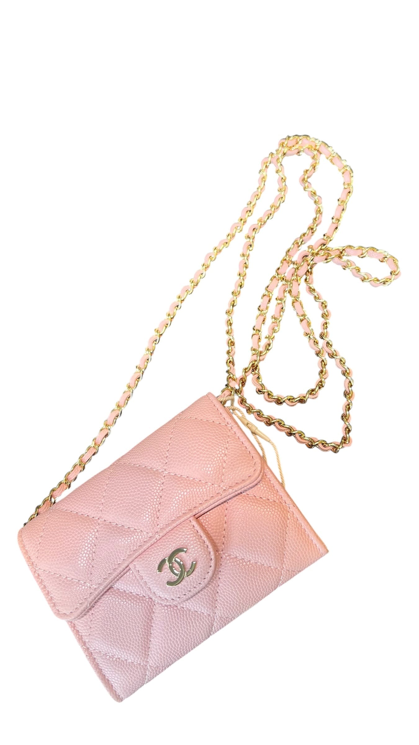 Chanel Card Holder with Chain Pink Caviar LGHW Microchipped NEW SSLG1052