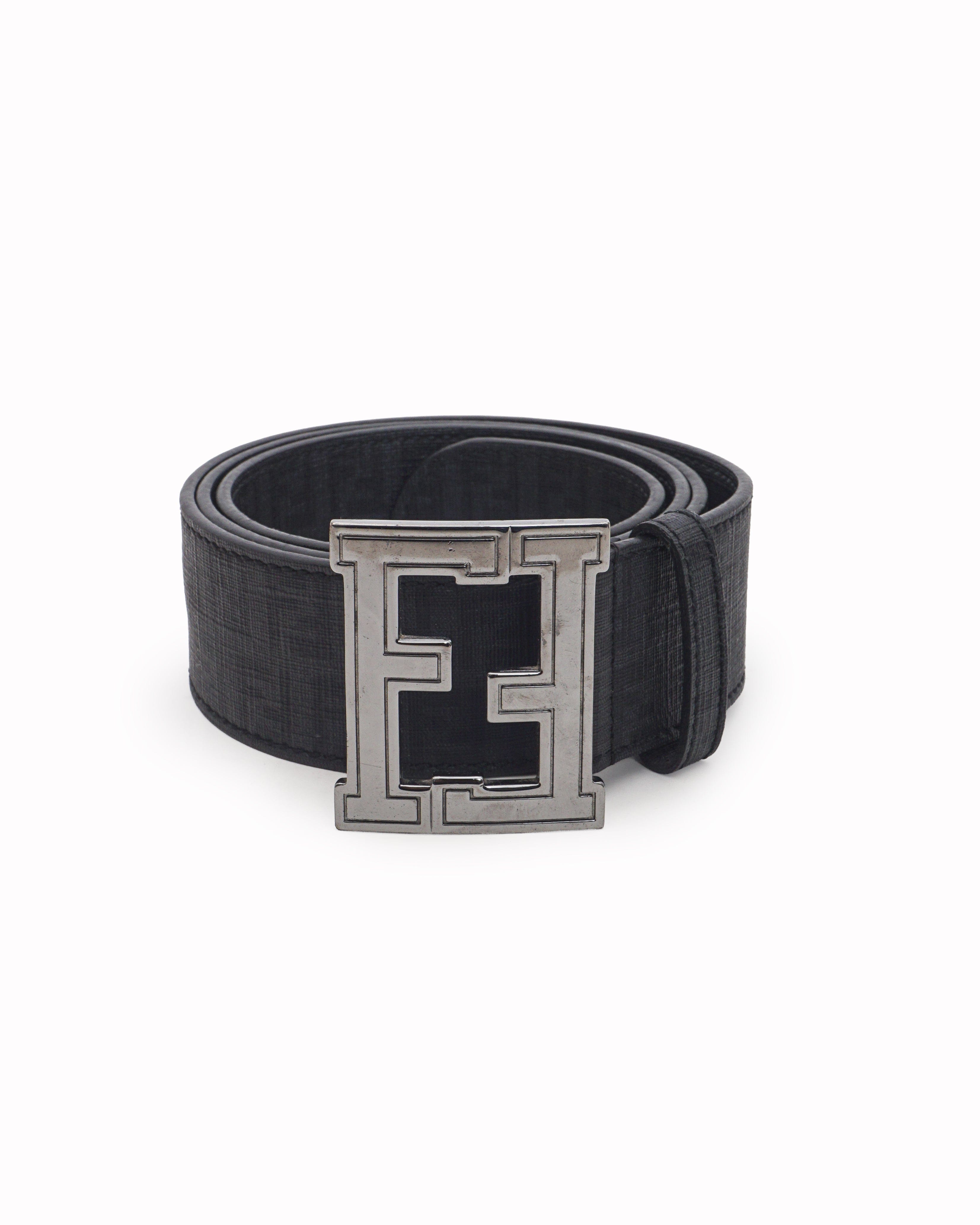 Fendi Black FF Monogram Textured Leather Silver Buckle Belt