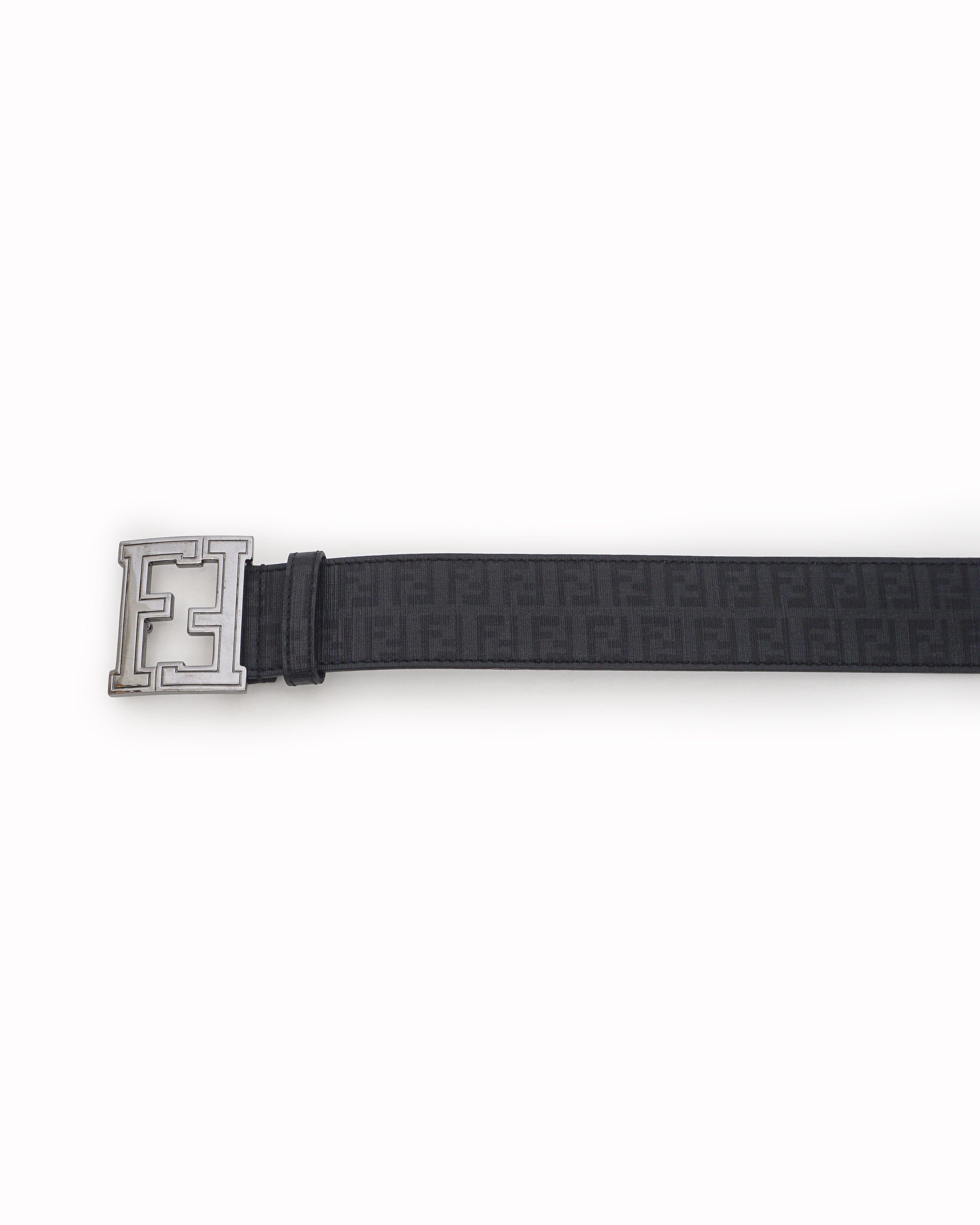 Fendi Black FF Monogram Textured Leather Silver Buckle Belt