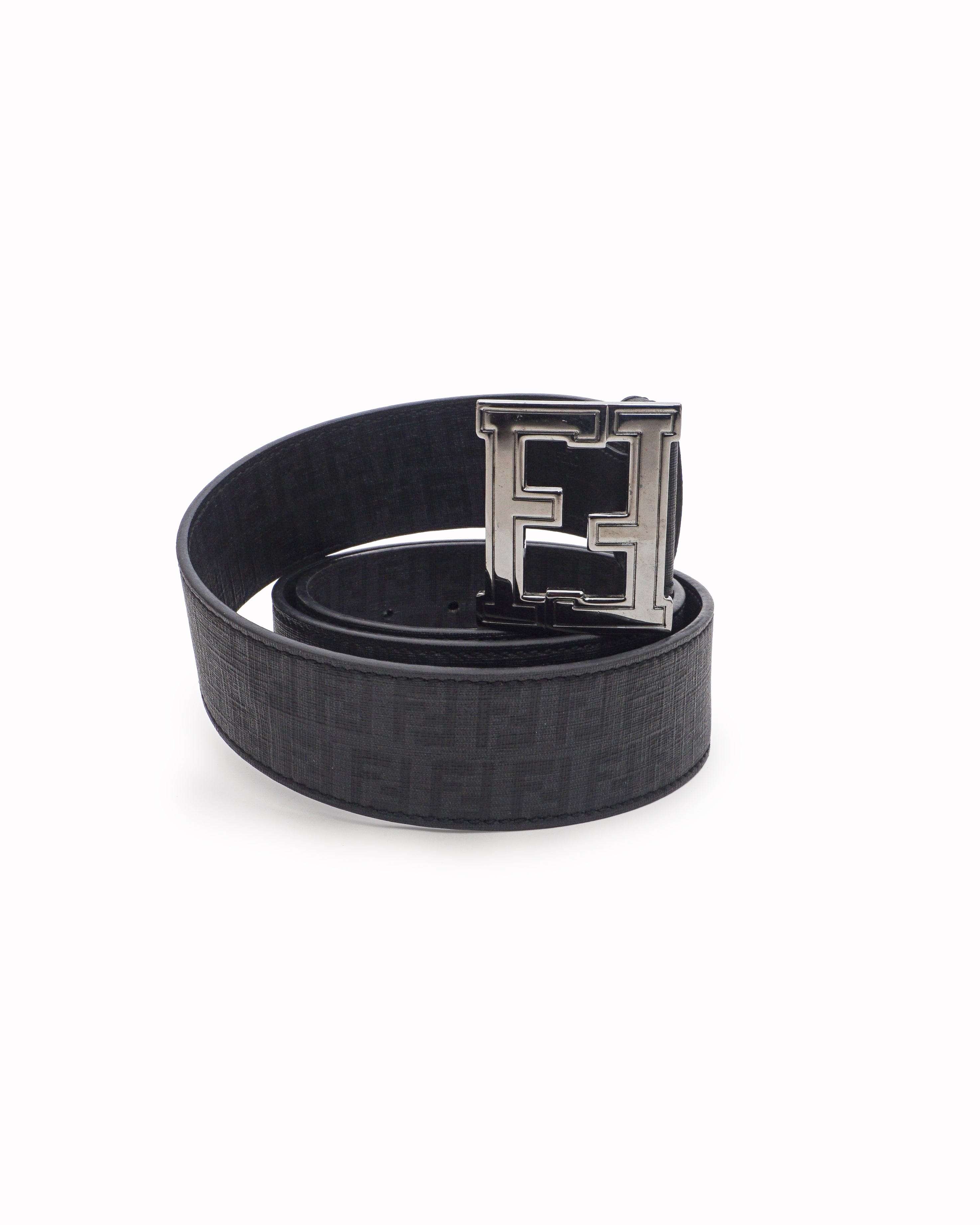 Fendi Black FF Monogram Textured Leather Silver Buckle Belt