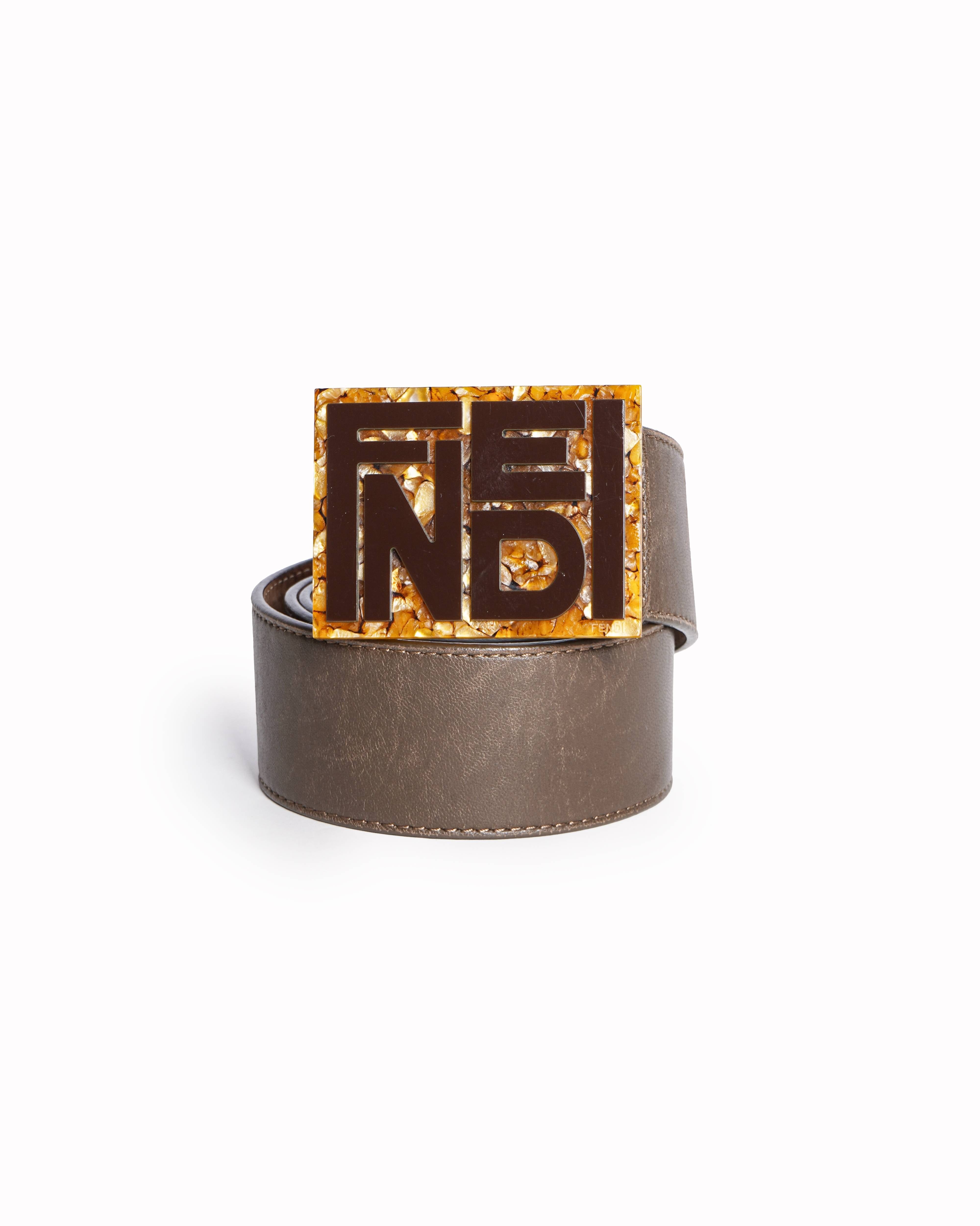 Fendi Zucca Typographic Plaque Brown Leather Belt