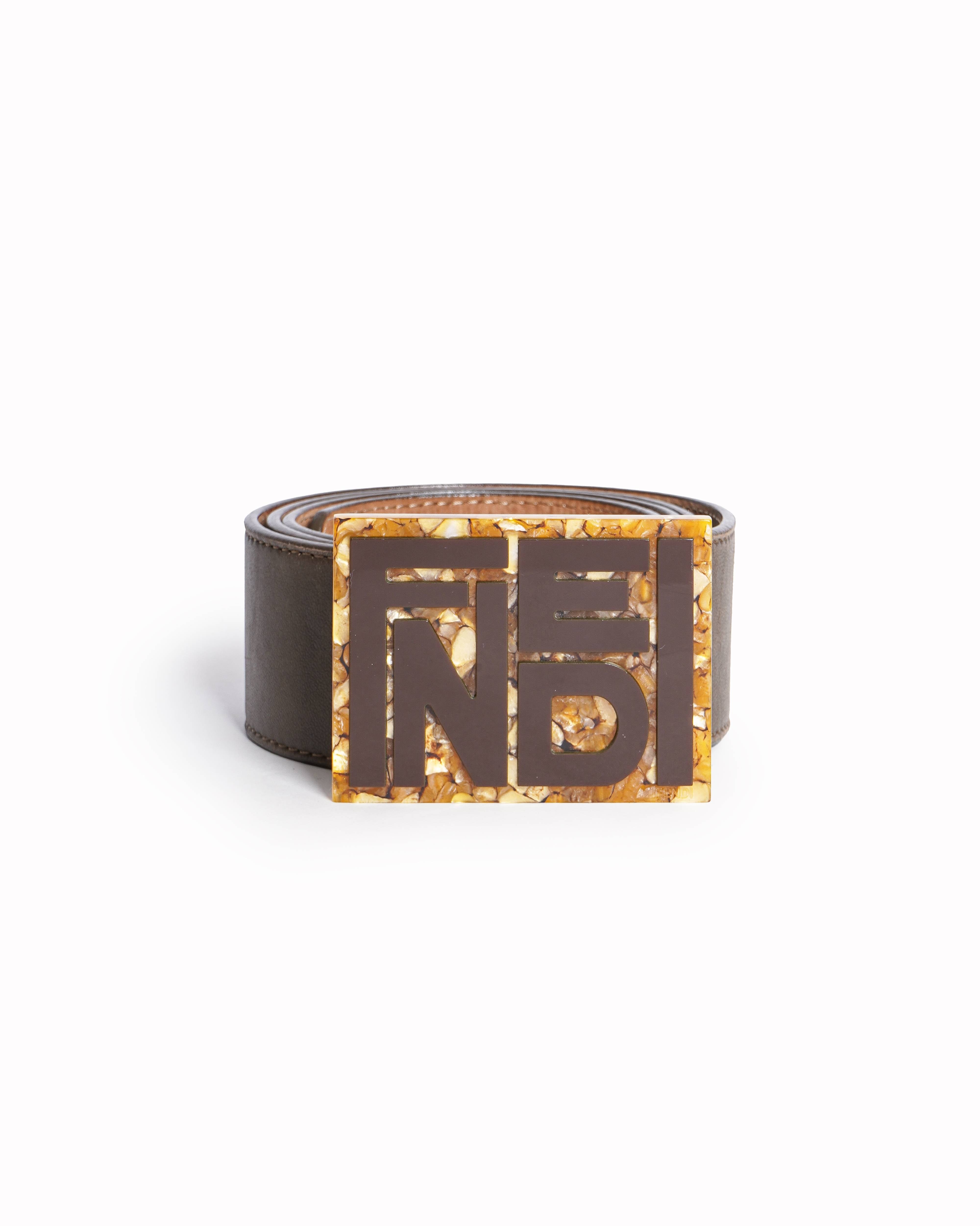 Fendi Zucca Typographic Plaque Brown Leather Belt