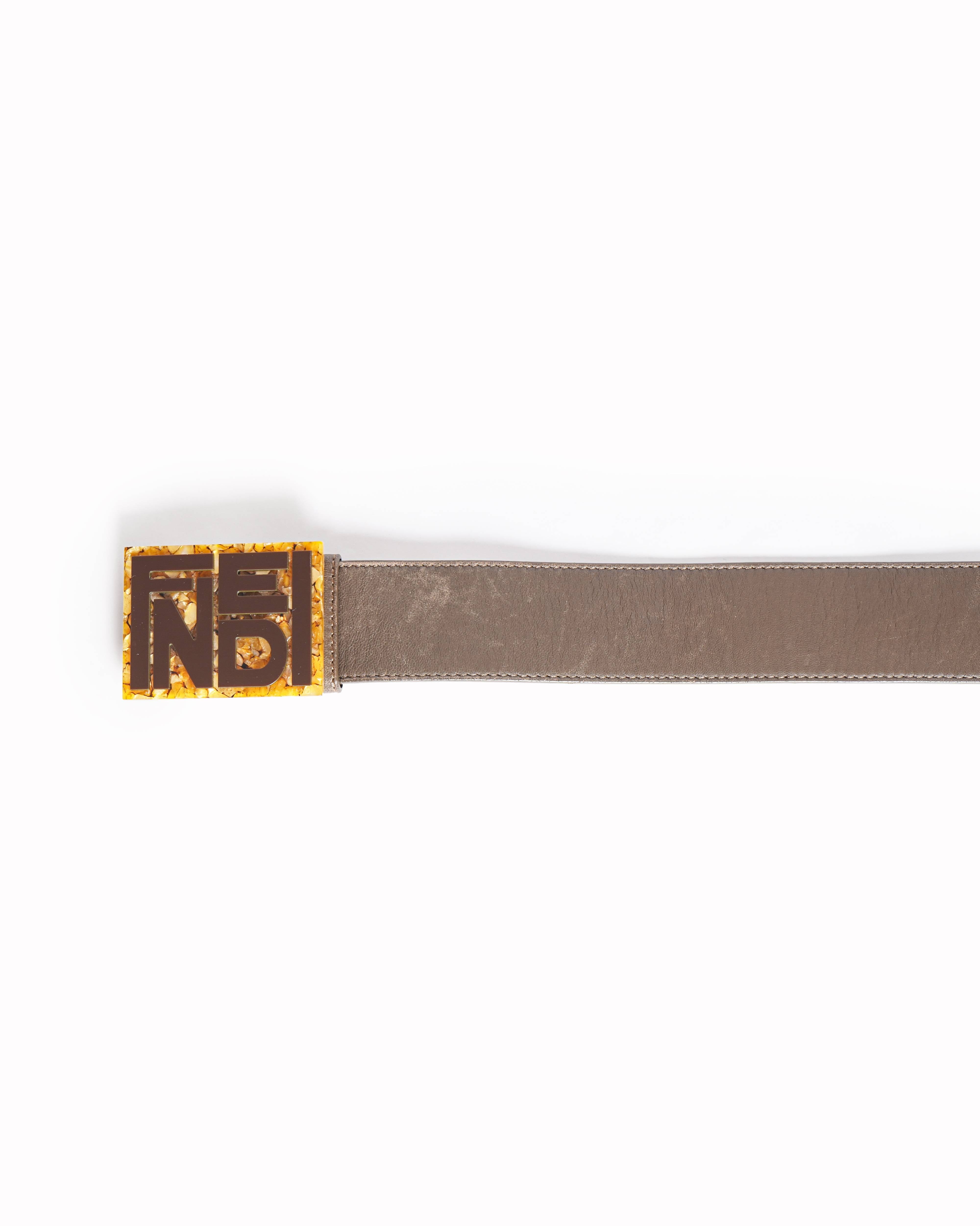Fendi Zucca Typographic Plaque Brown Leather Belt