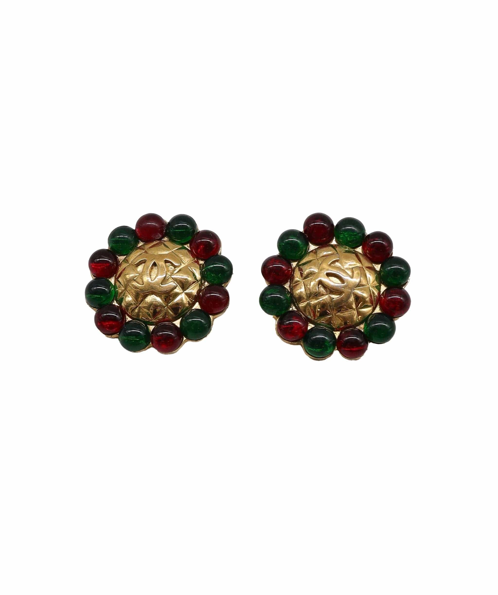 CHANEL Gripoix Coco Logos Earrings Gold Red Green 25 Vintage 90217442