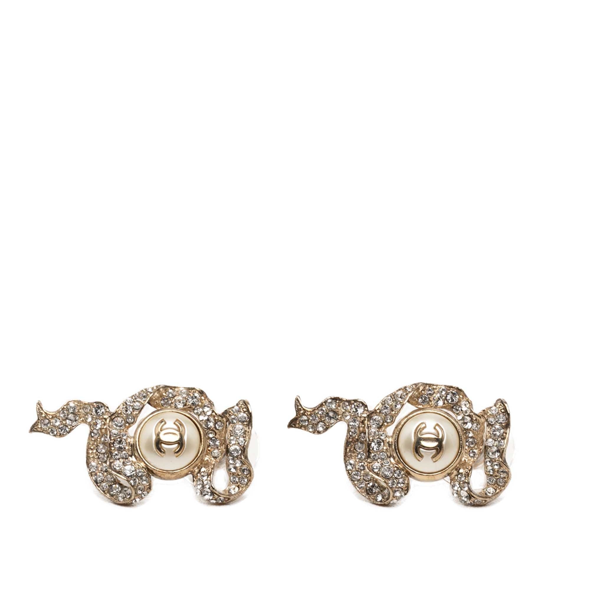Chanel CC Gold Plated Strass and Faux Pearl Ribbon Bullet Back Earrings