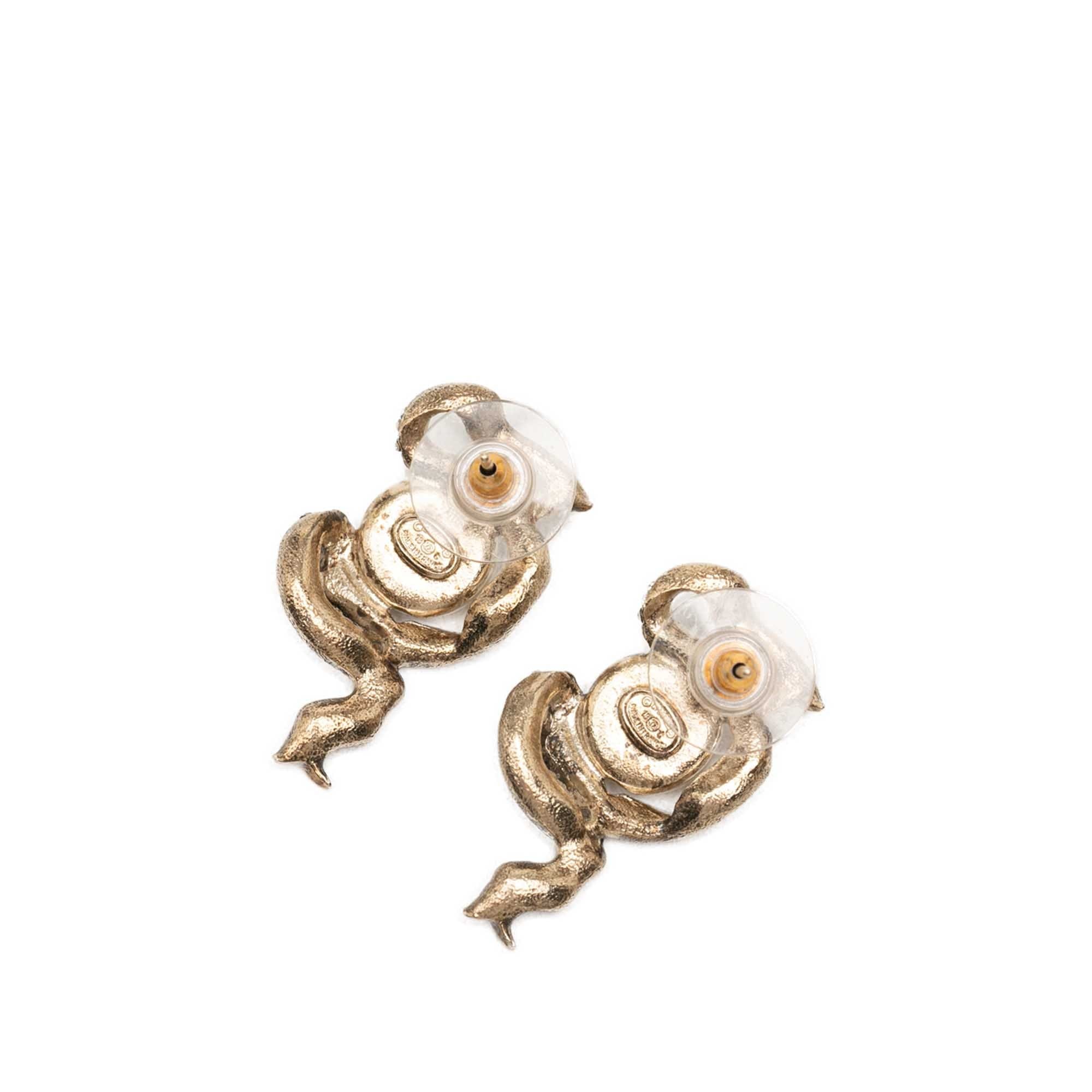 Chanel CC Gold Plated Strass and Faux Pearl Ribbon Bullet Back Earrings