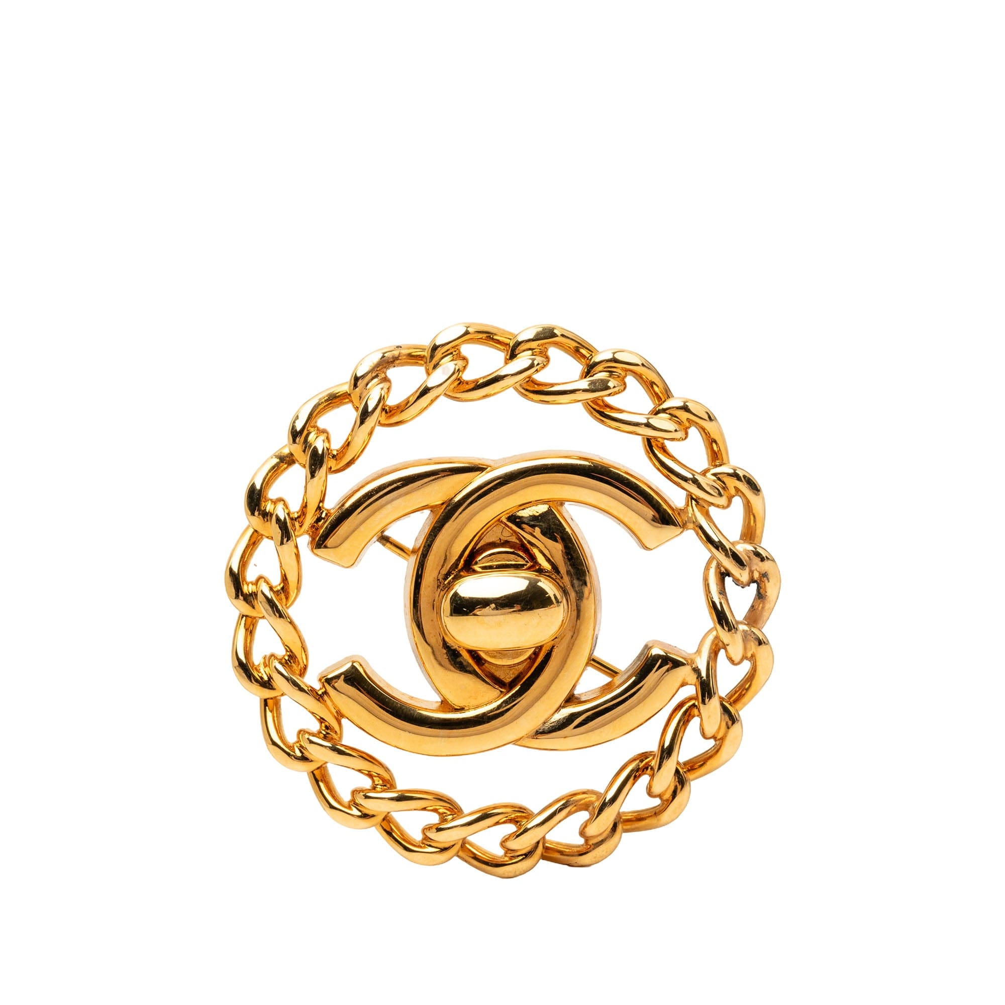 Chanel CC Gold Plated Turn Lock Chain Round Brooch