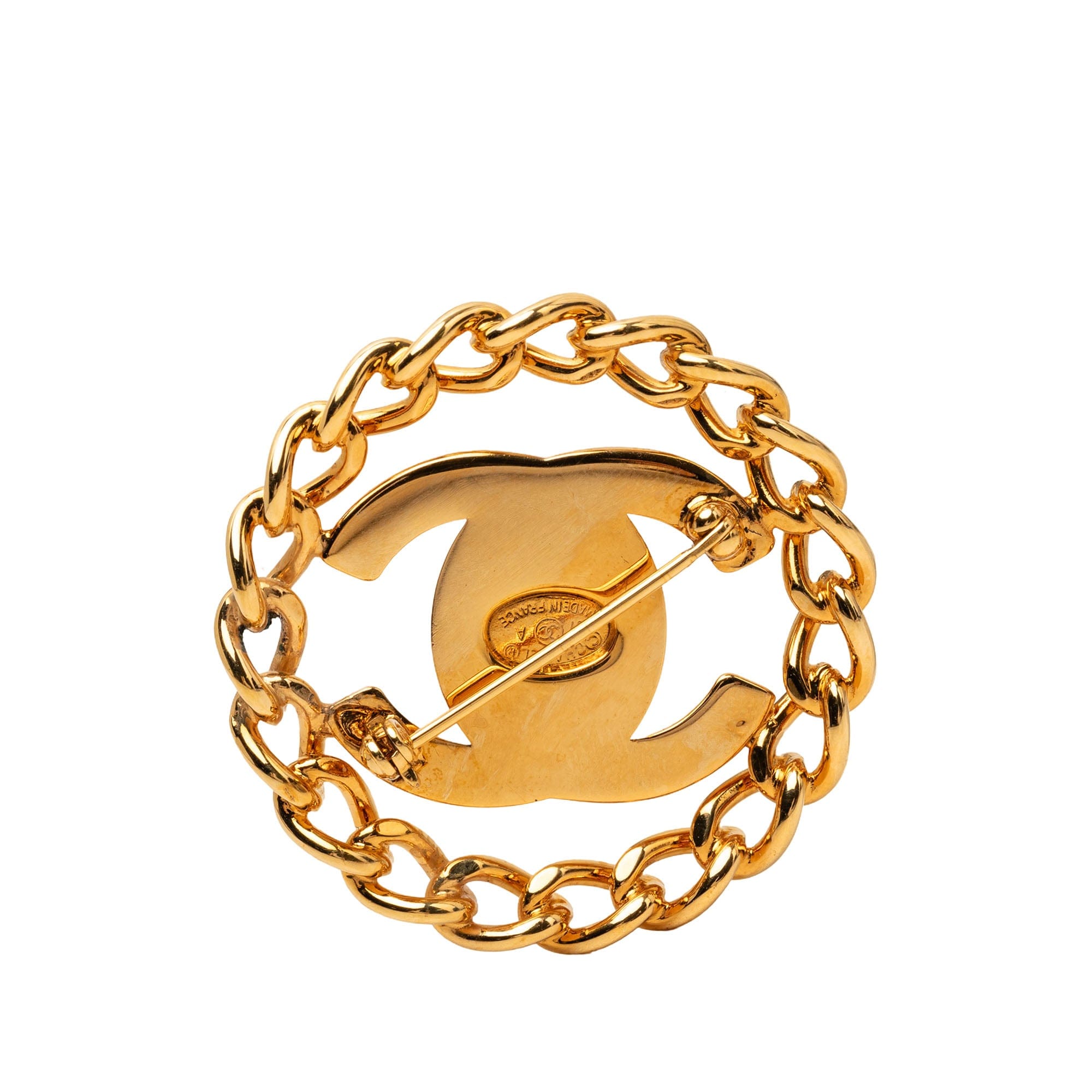 Chanel CC Gold Plated Turn Lock Chain Round Brooch