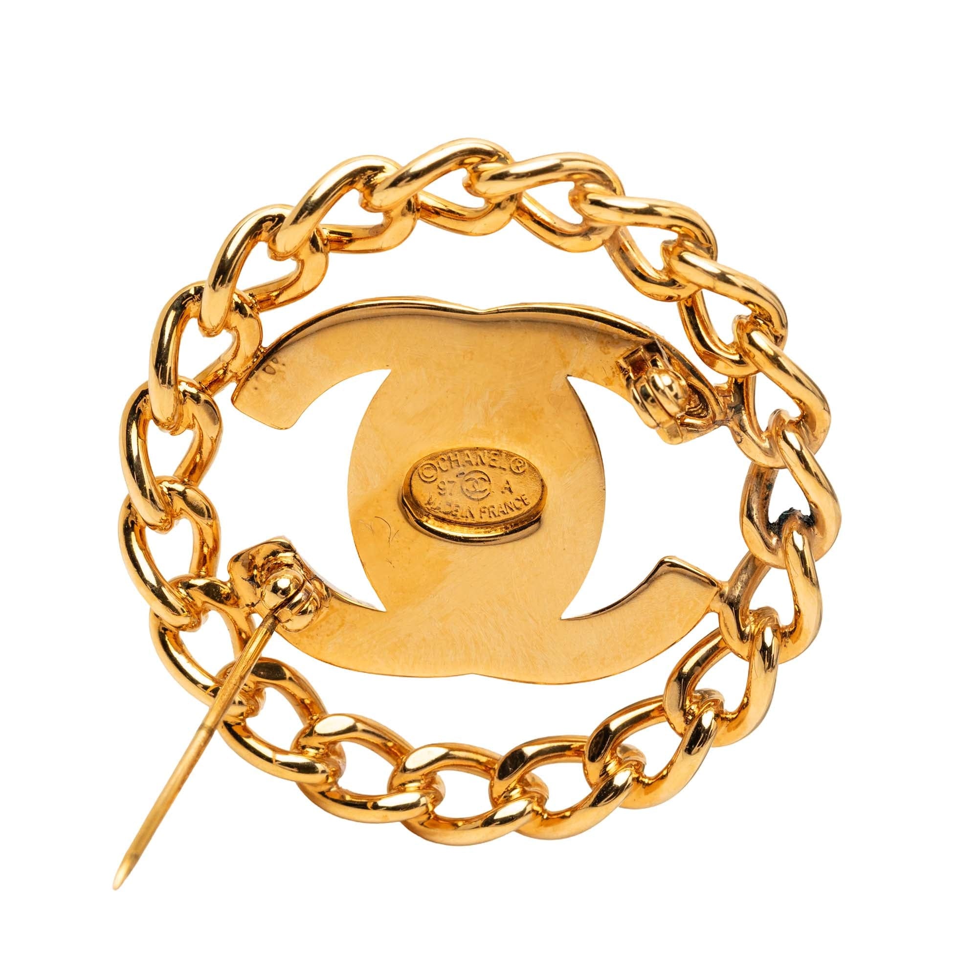 Chanel CC Gold Plated Turn Lock Chain Round Brooch