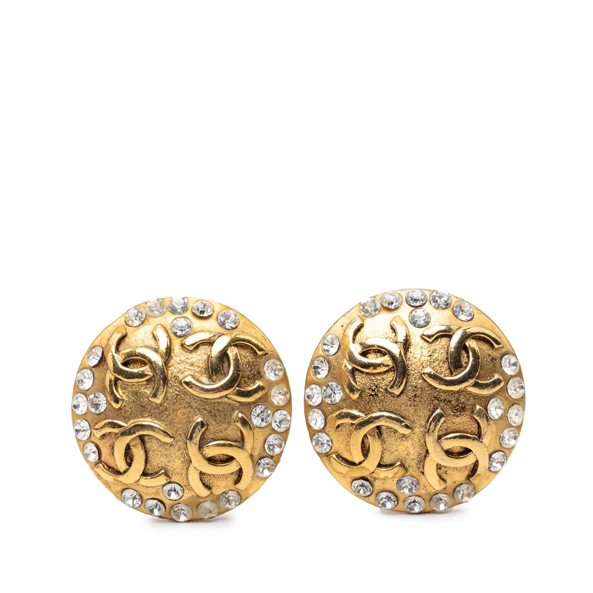 Chanel CC Gold Plated Strass Round Clip On Earrings