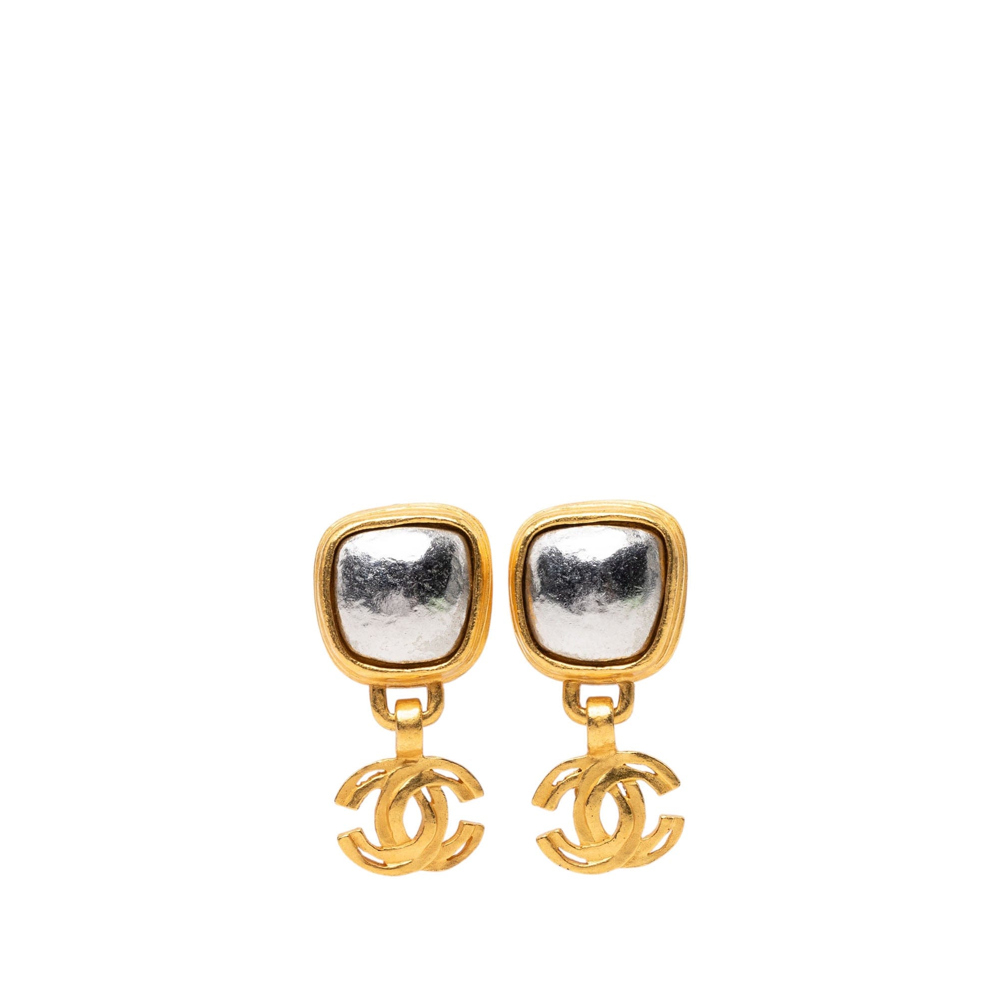 Chanel CC Gold Plated Square Silver Stone Drop Clip On Earrings