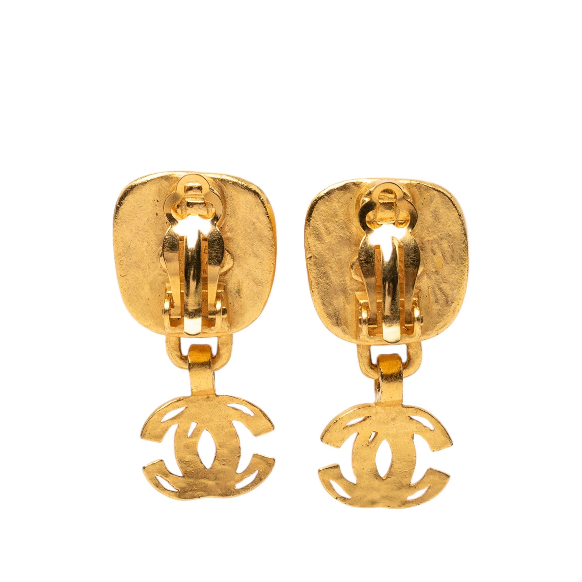 Chanel CC Gold Plated Square Silver Stone Drop Clip On Earrings