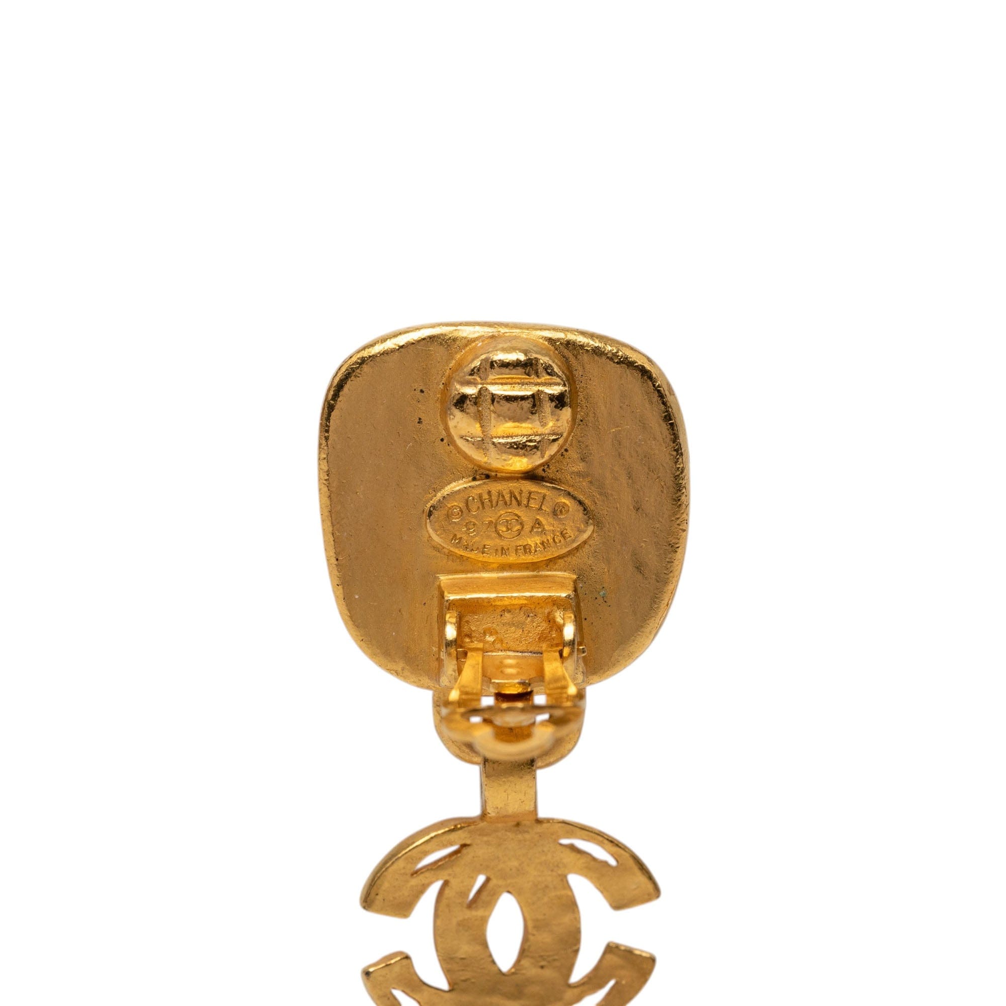Chanel CC Gold Plated Square Silver Stone Drop Clip On Earrings