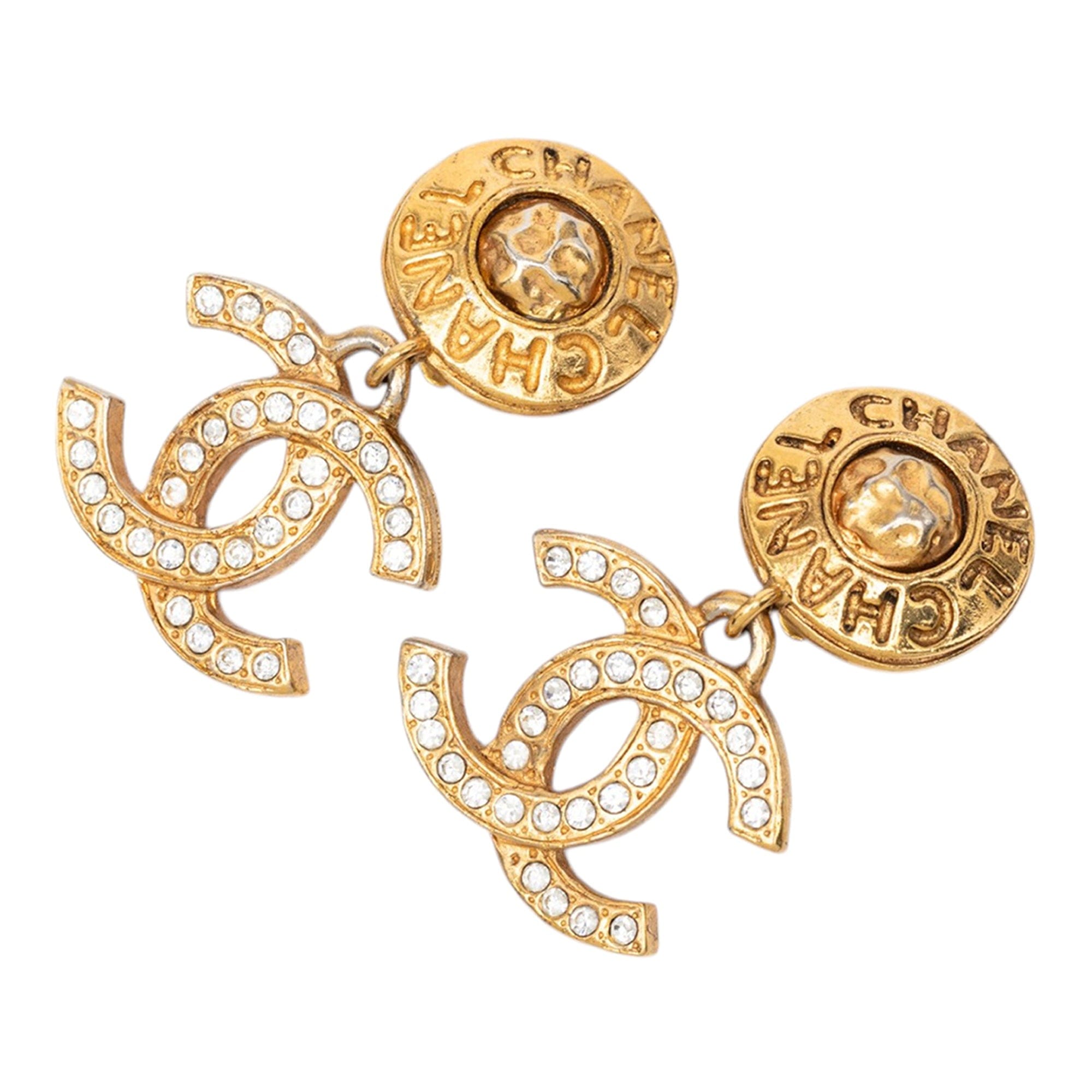 Chanel Gold Plated CC Strass Drop Clip On Earrings