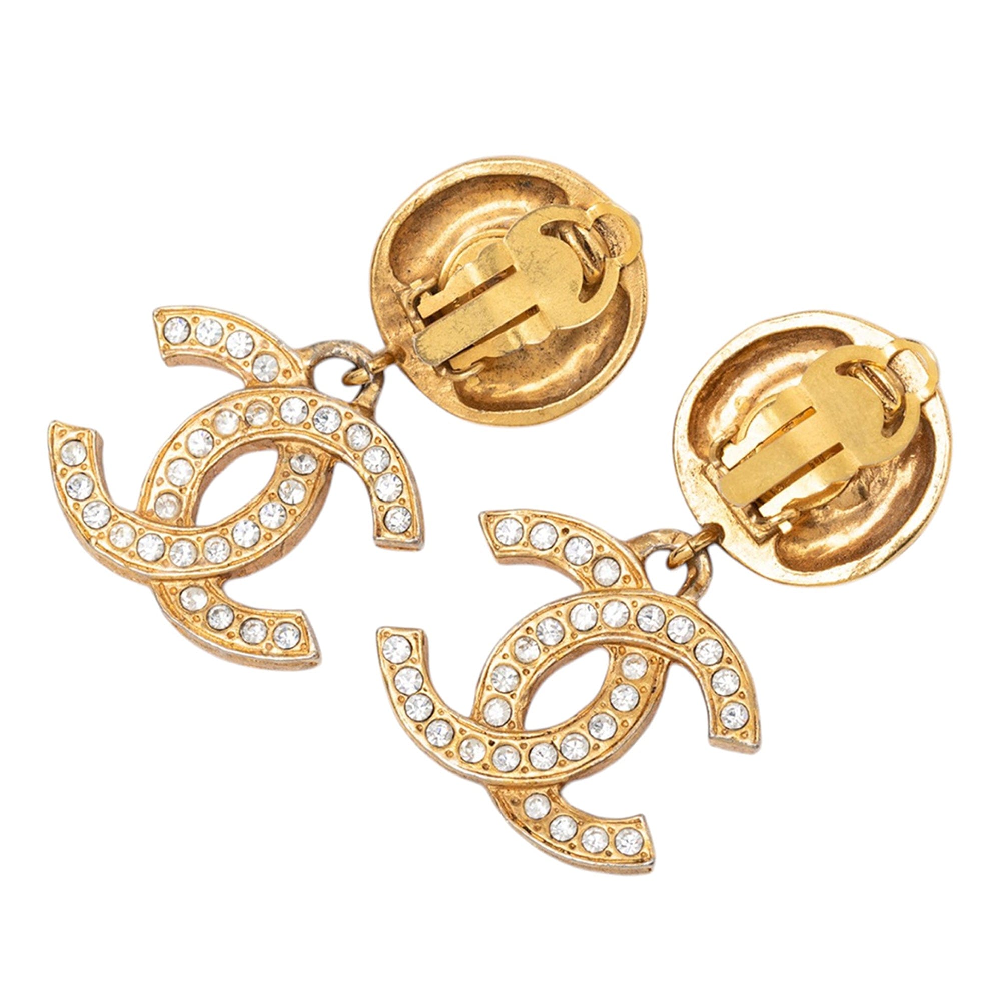 Chanel Gold Plated CC Strass Drop Clip On Earrings