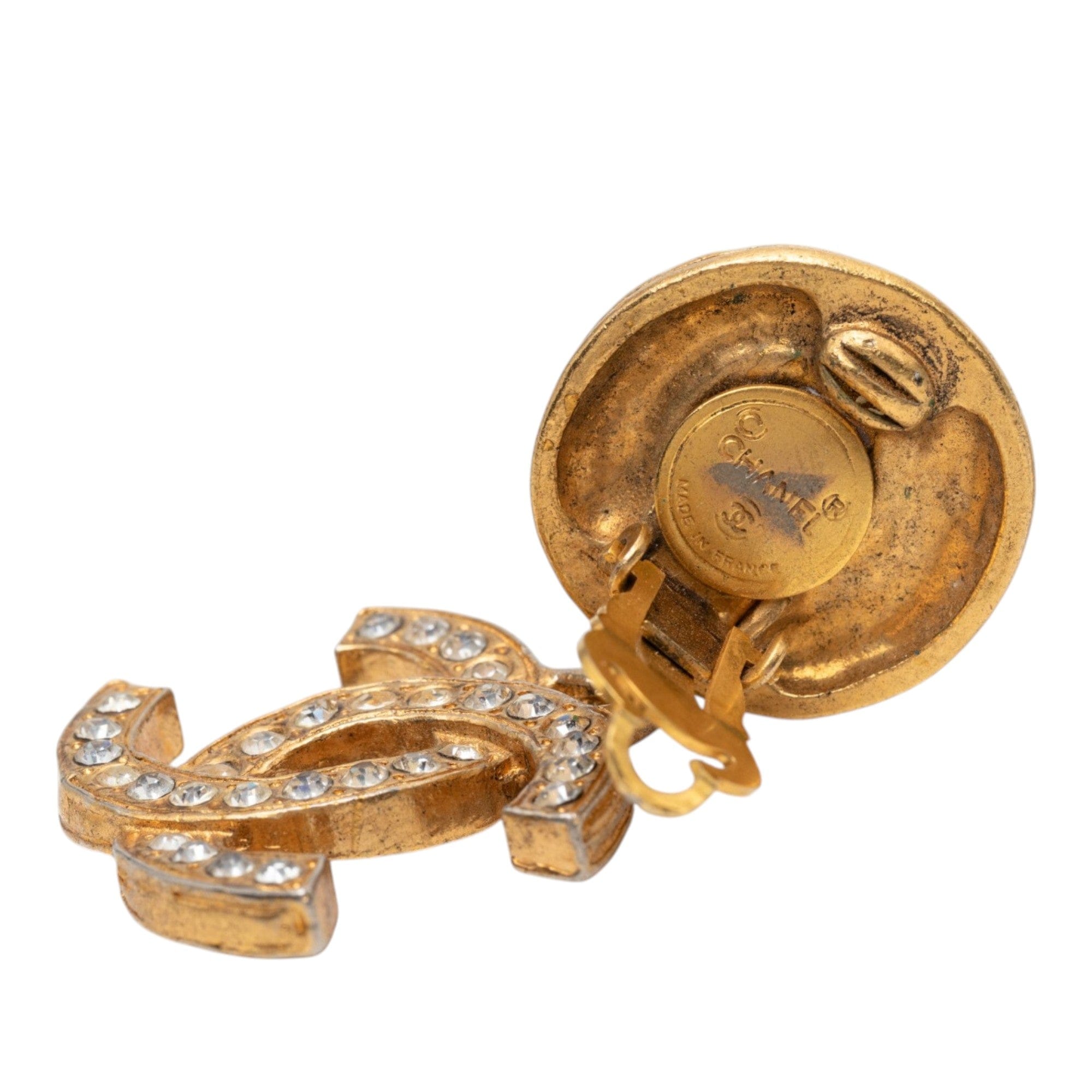 Chanel Gold Plated CC Strass Drop Clip On Earrings