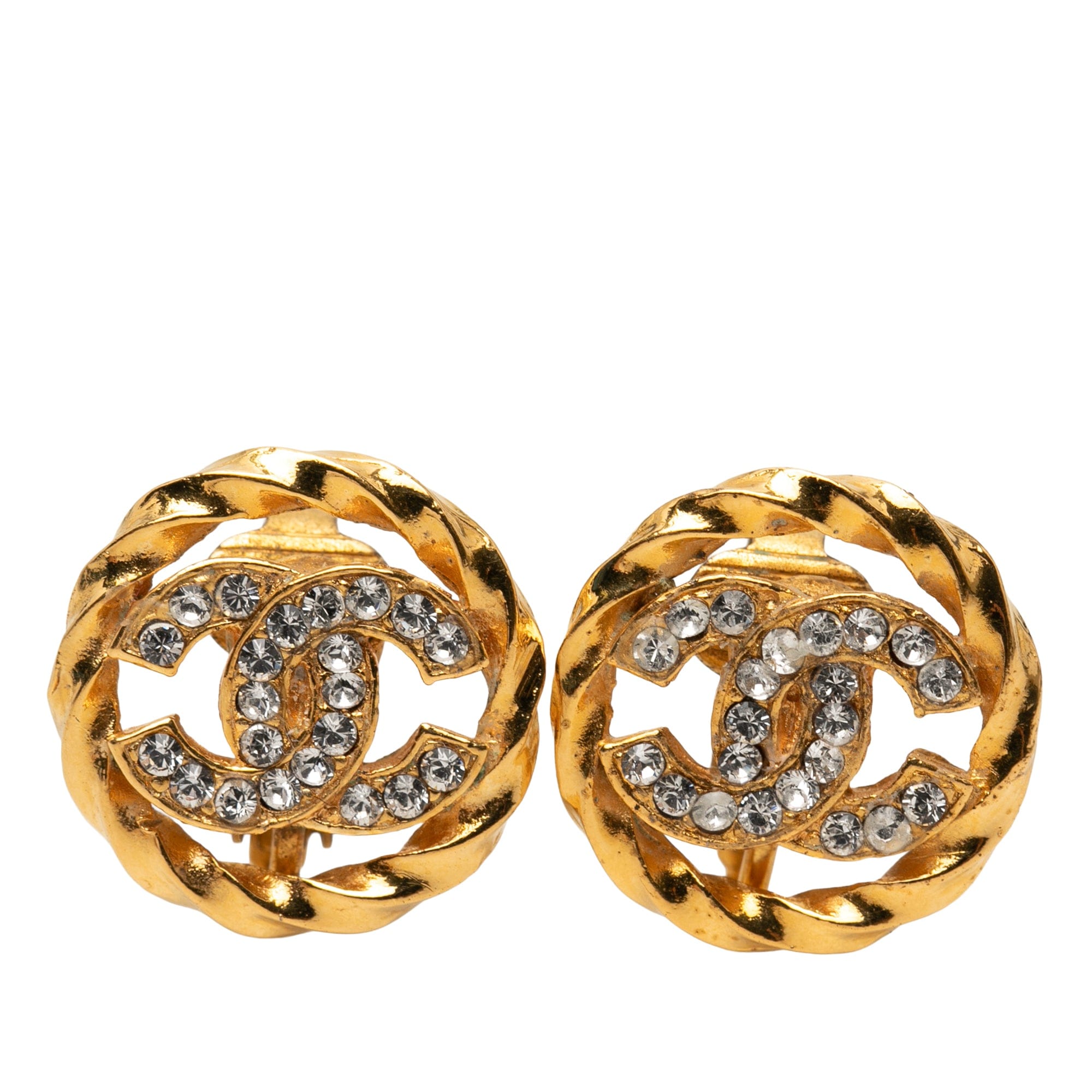 Chanel CC Gold Plated Strass Round Rope Clip On Earrings