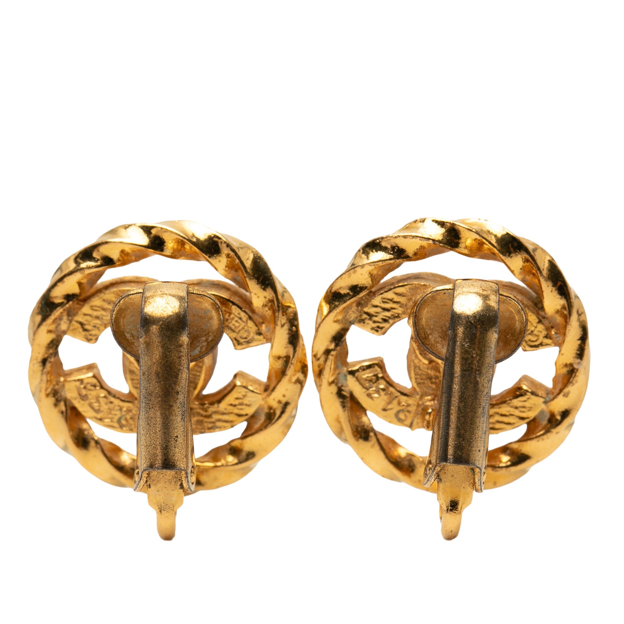 Chanel CC Gold Plated Strass Round Rope Clip On Earrings