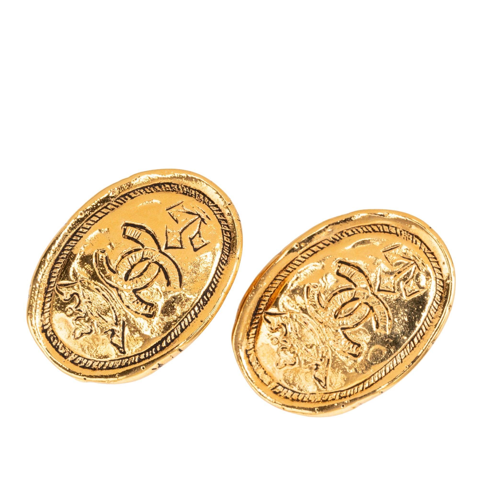 Chanel CC Gold Plated Crown Oval Clip On Earrings