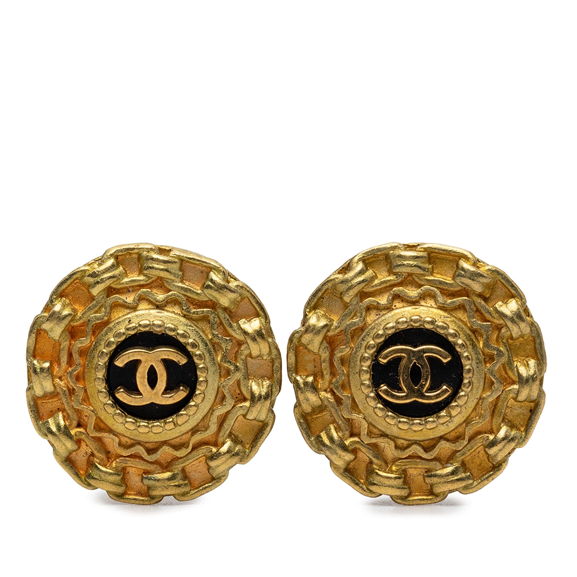 Chanel CC Gold Plated Resin Chain Round Clip On Earrings