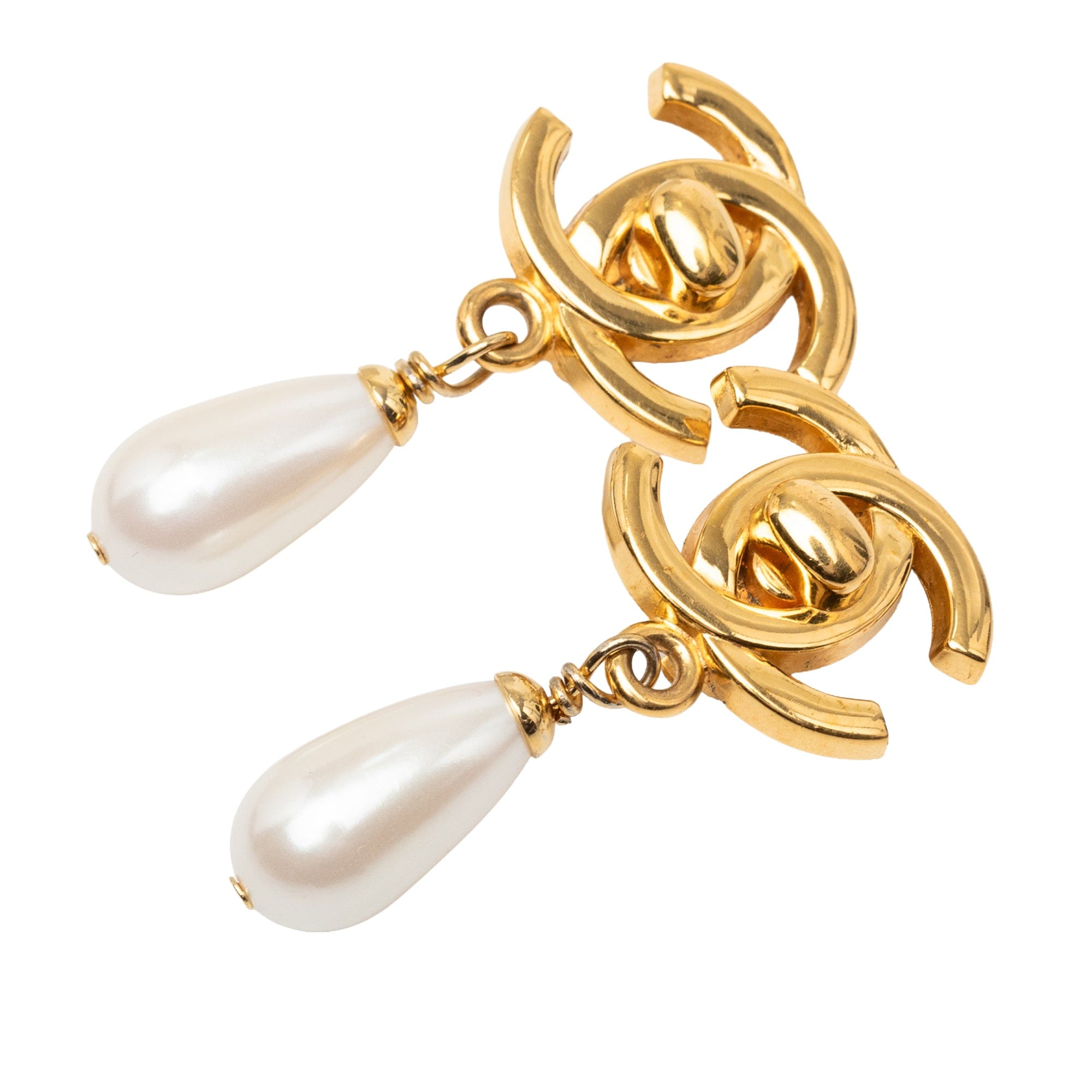 Chanel CC Gold Plated Faux Pearl Drop Turn Lock Clip On Earrings
