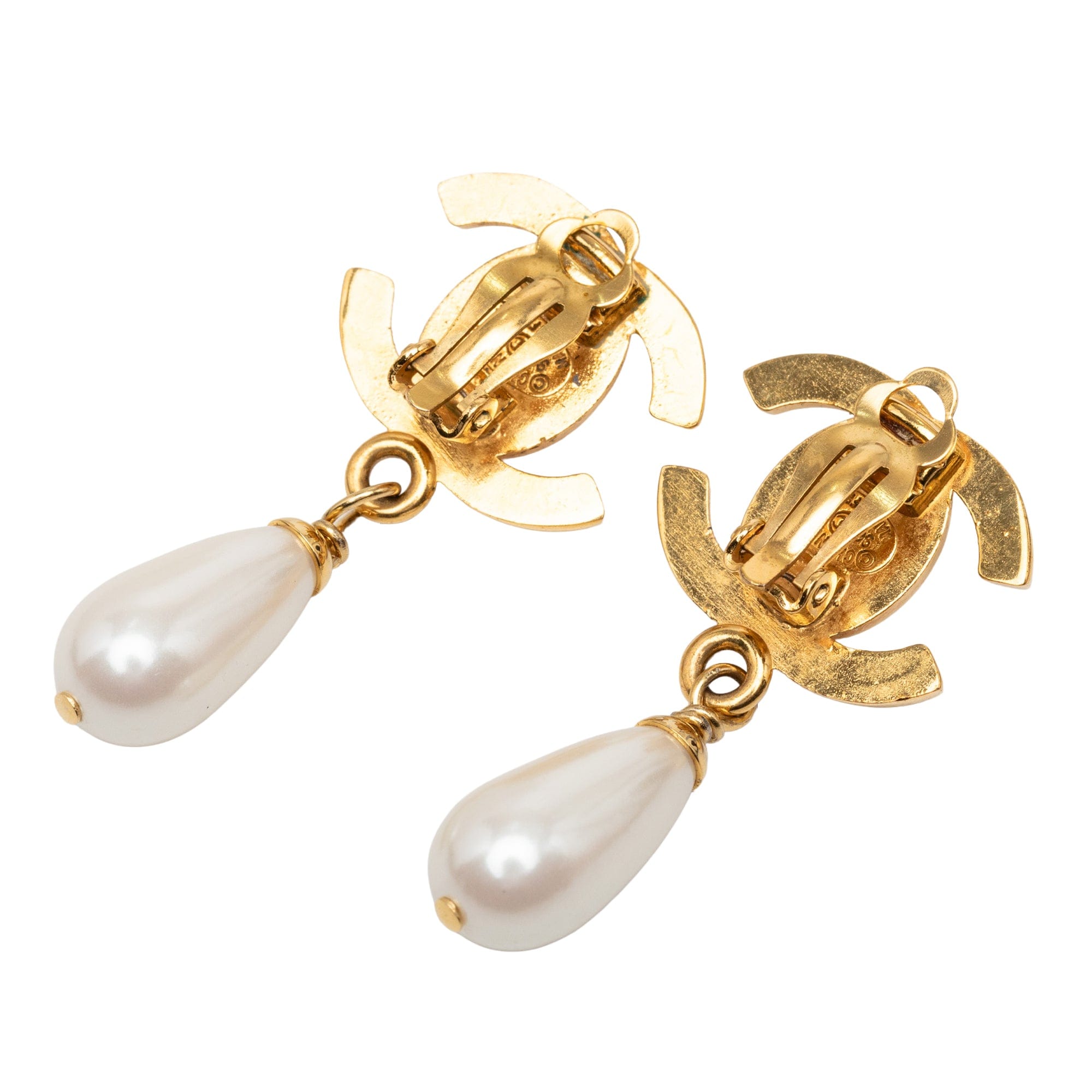 Chanel CC Gold Plated Faux Pearl Drop Turn Lock Clip On Earrings