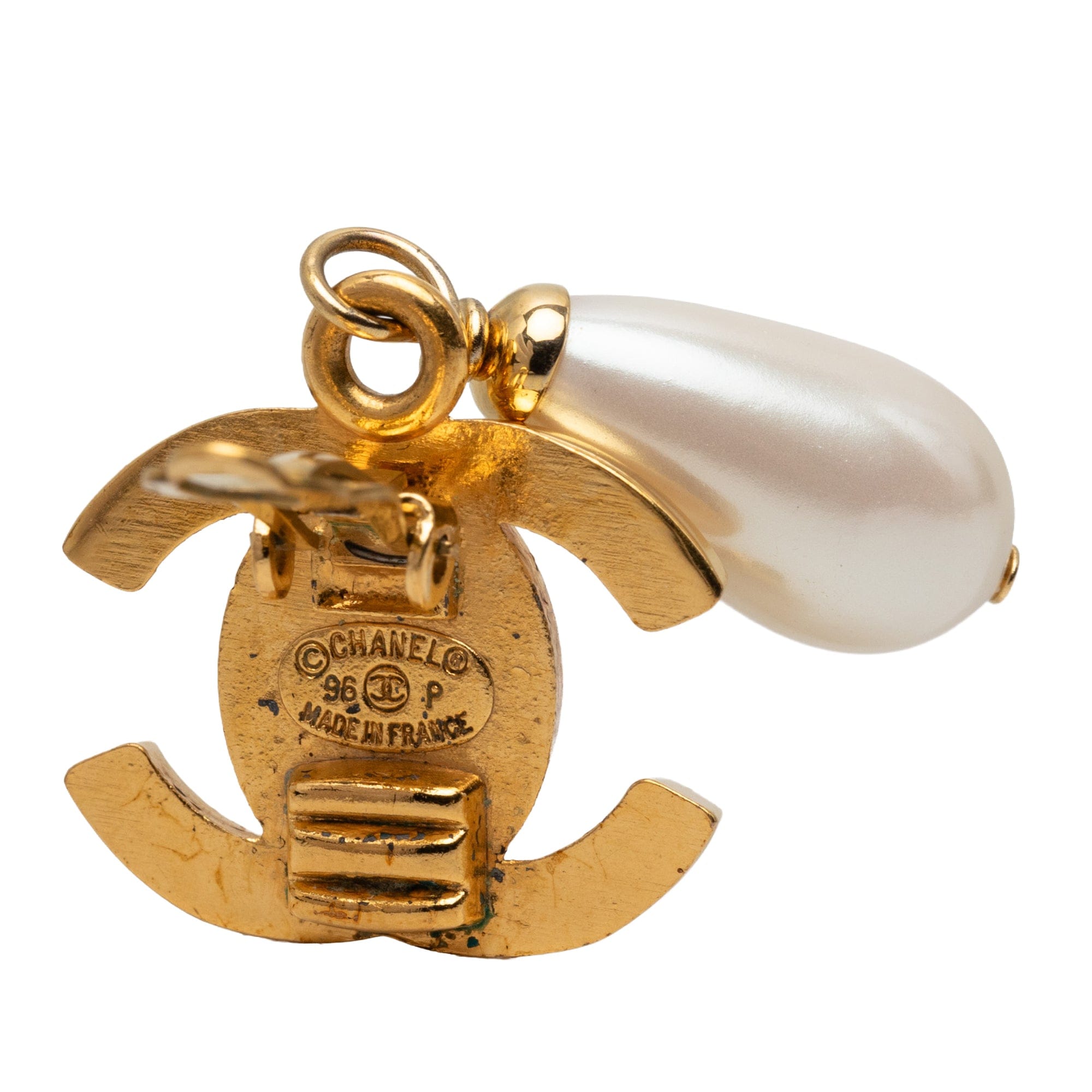 Chanel CC Gold Plated Faux Pearl Drop Turn Lock Clip On Earrings