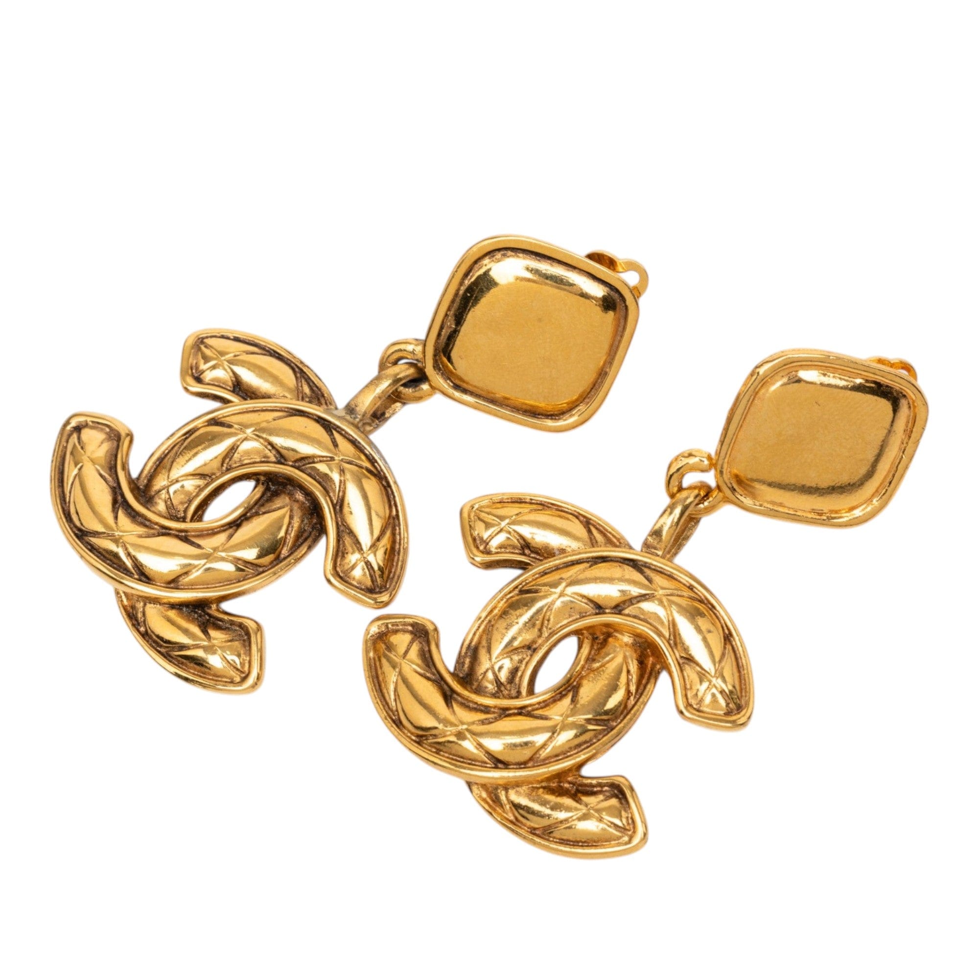 Chanel CC Gold Plated Quilted Drop Clip On Earrings