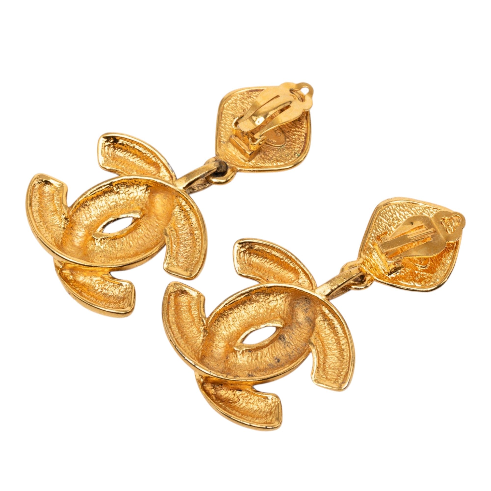 Chanel CC Gold Plated Quilted Drop Clip On Earrings