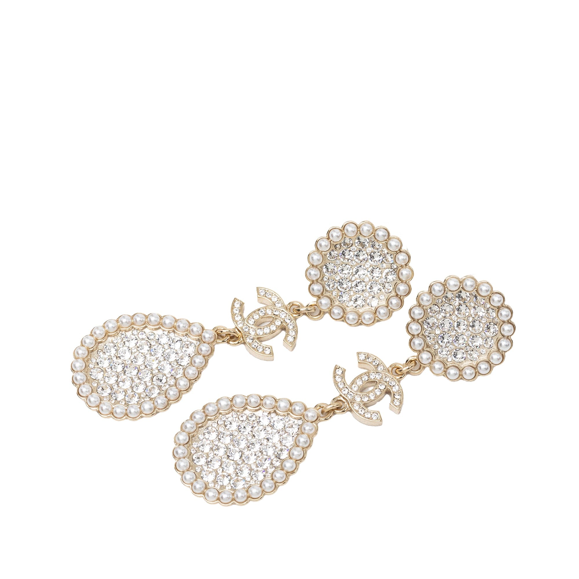 Chanel CC Gold Plated Strass and Faux Pearl Drop Push Back Earrings