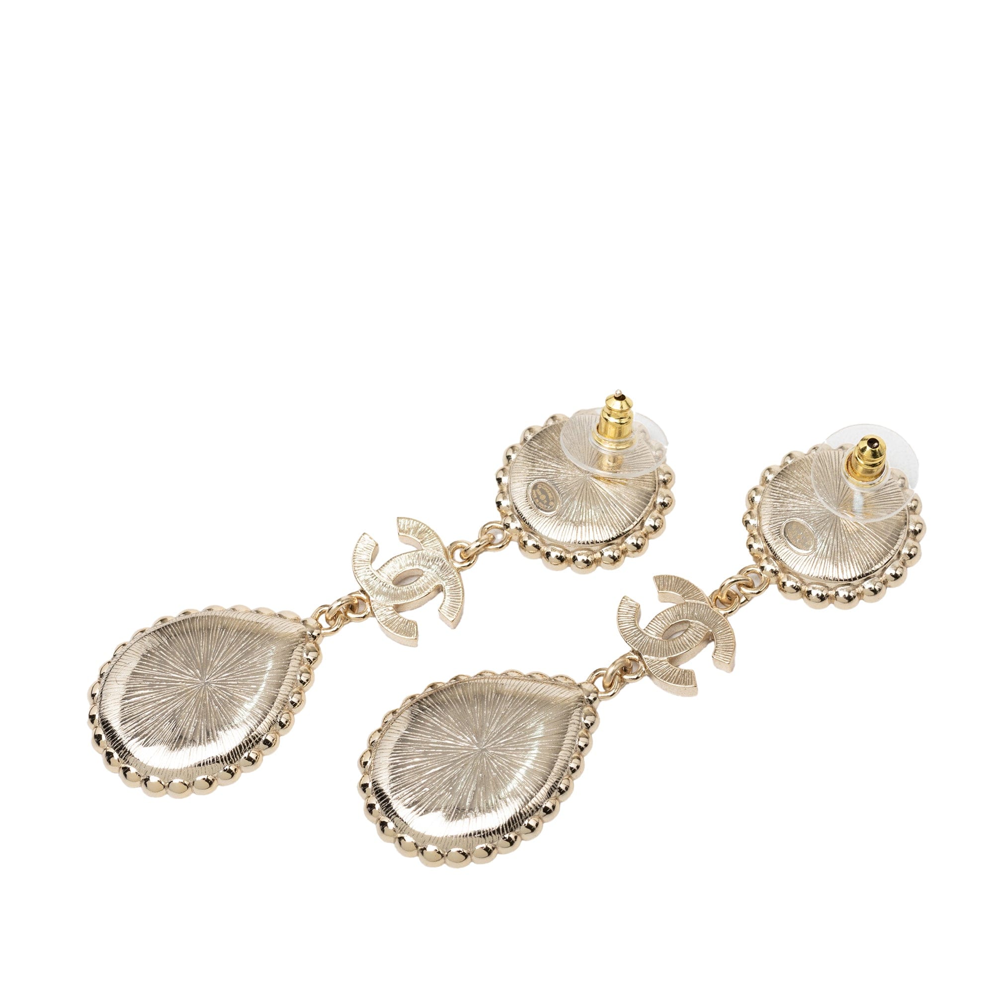 Chanel CC Gold Plated Strass and Faux Pearl Drop Push Back Earrings