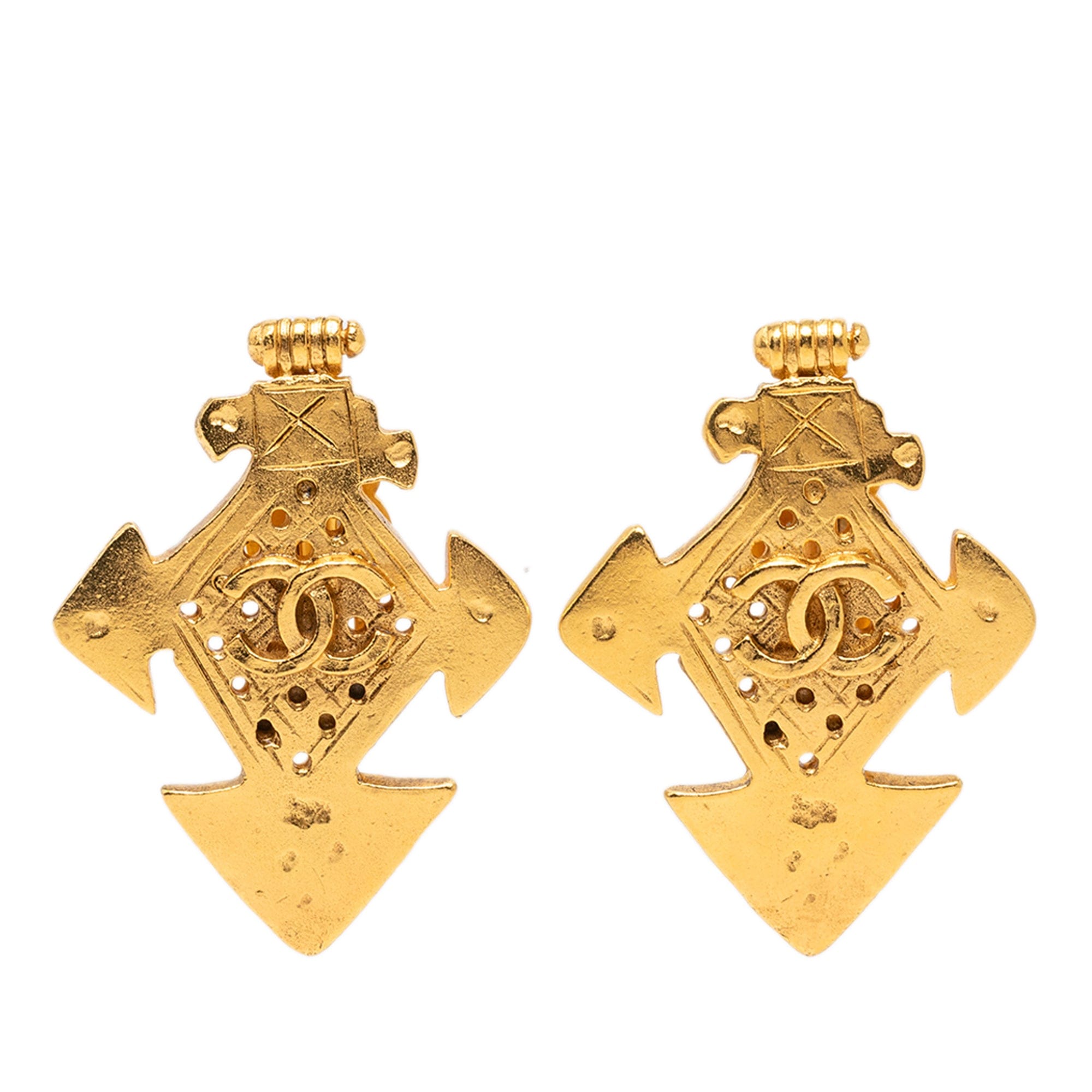 Chanel CC Gold Plated Cross Clip On Earrings