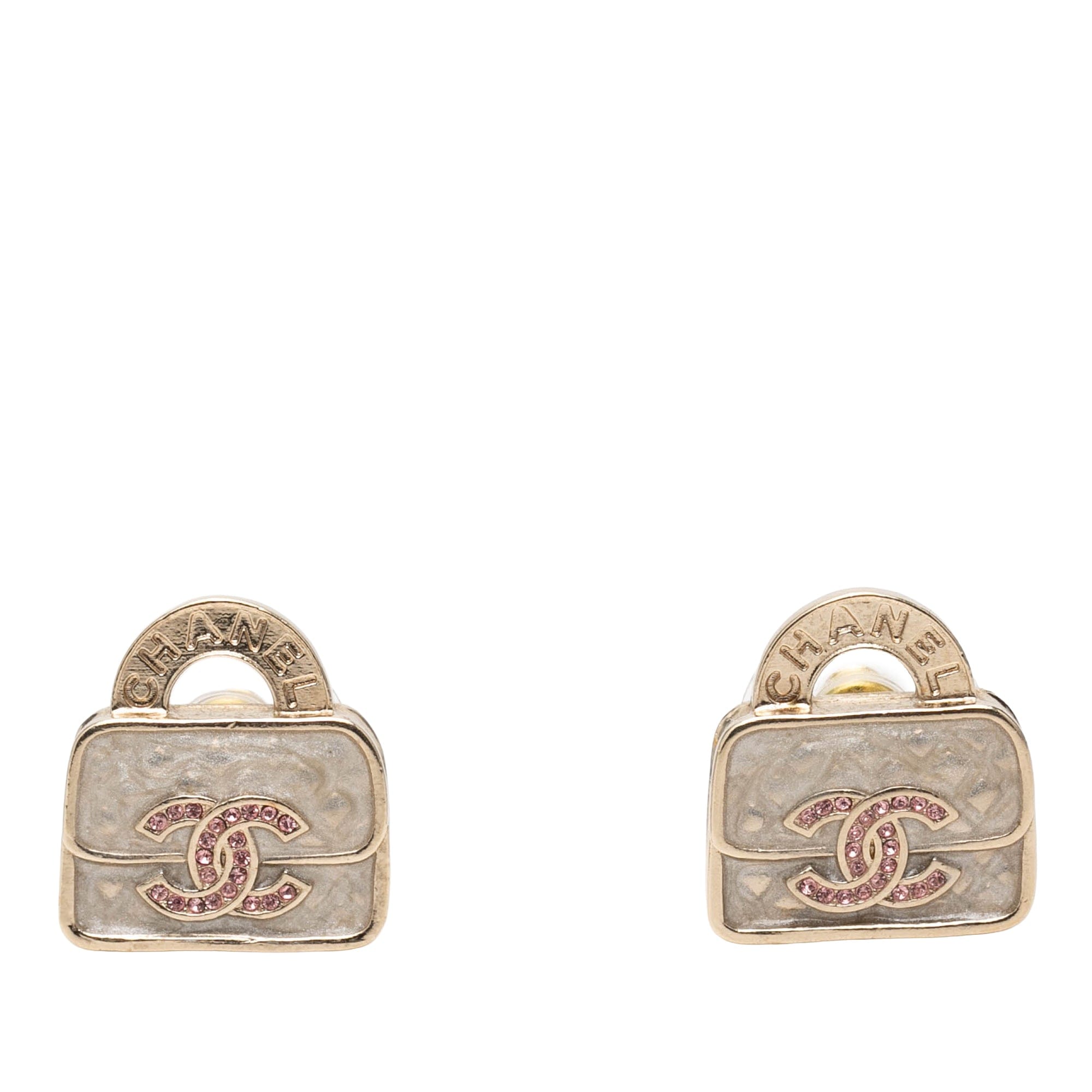 Chanel CC Brass Resin Strass Top Handle Bag Push Back Earrings