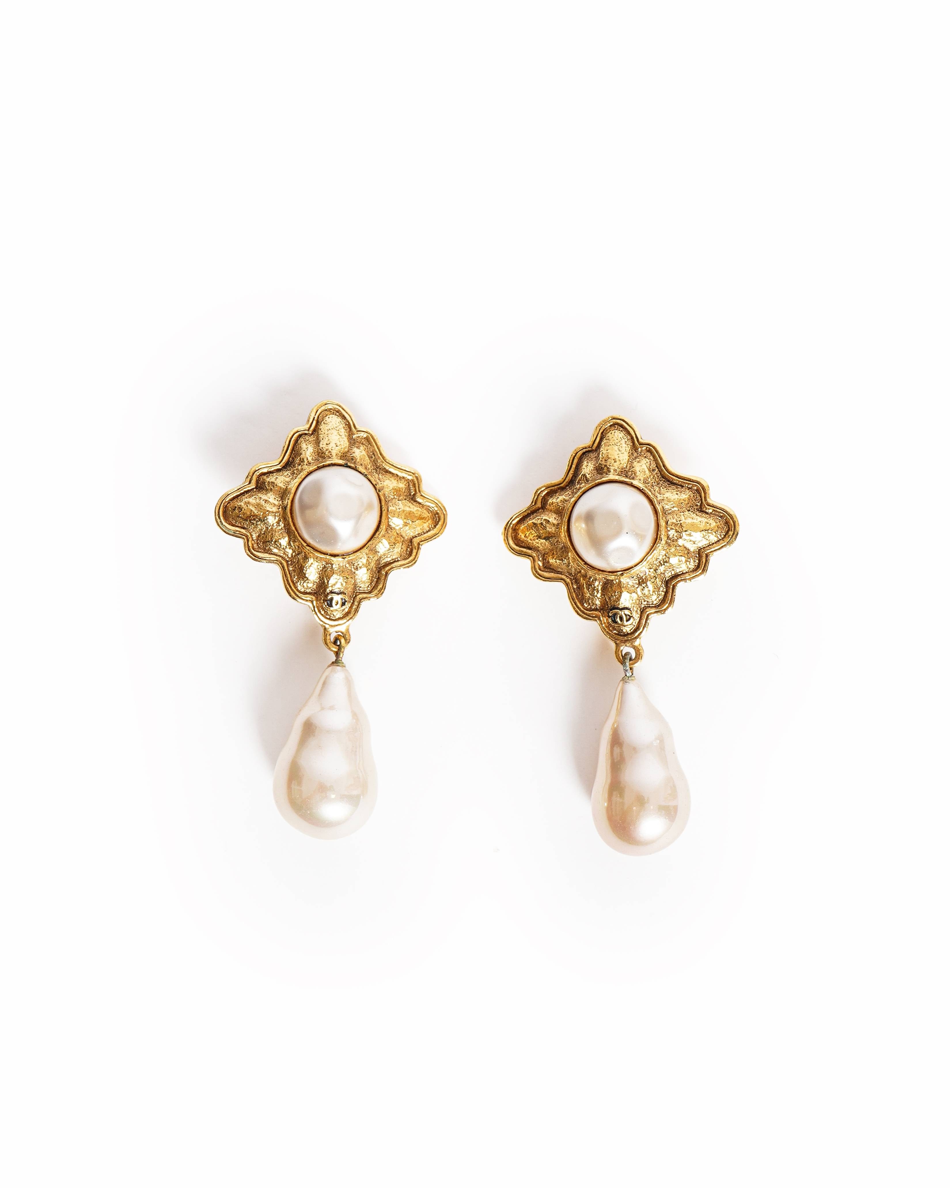 Chanel Vintage Chanel Gold - Plated Baroque Pearl Drop Clip - On Earrings, Made In France 1990s