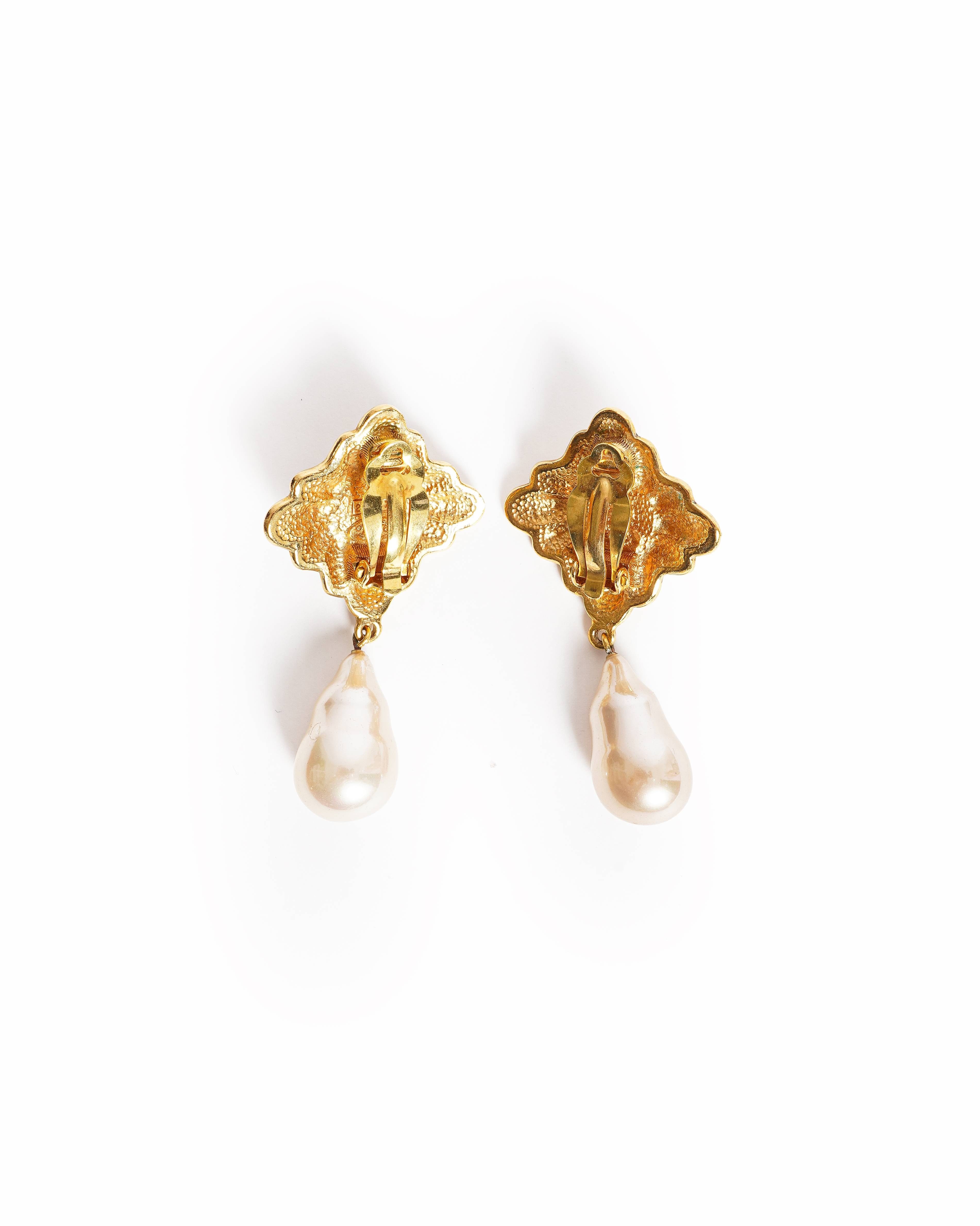 Chanel Vintage Chanel Gold - Plated Baroque Pearl Drop Clip - On Earrings, Made In France 1990s