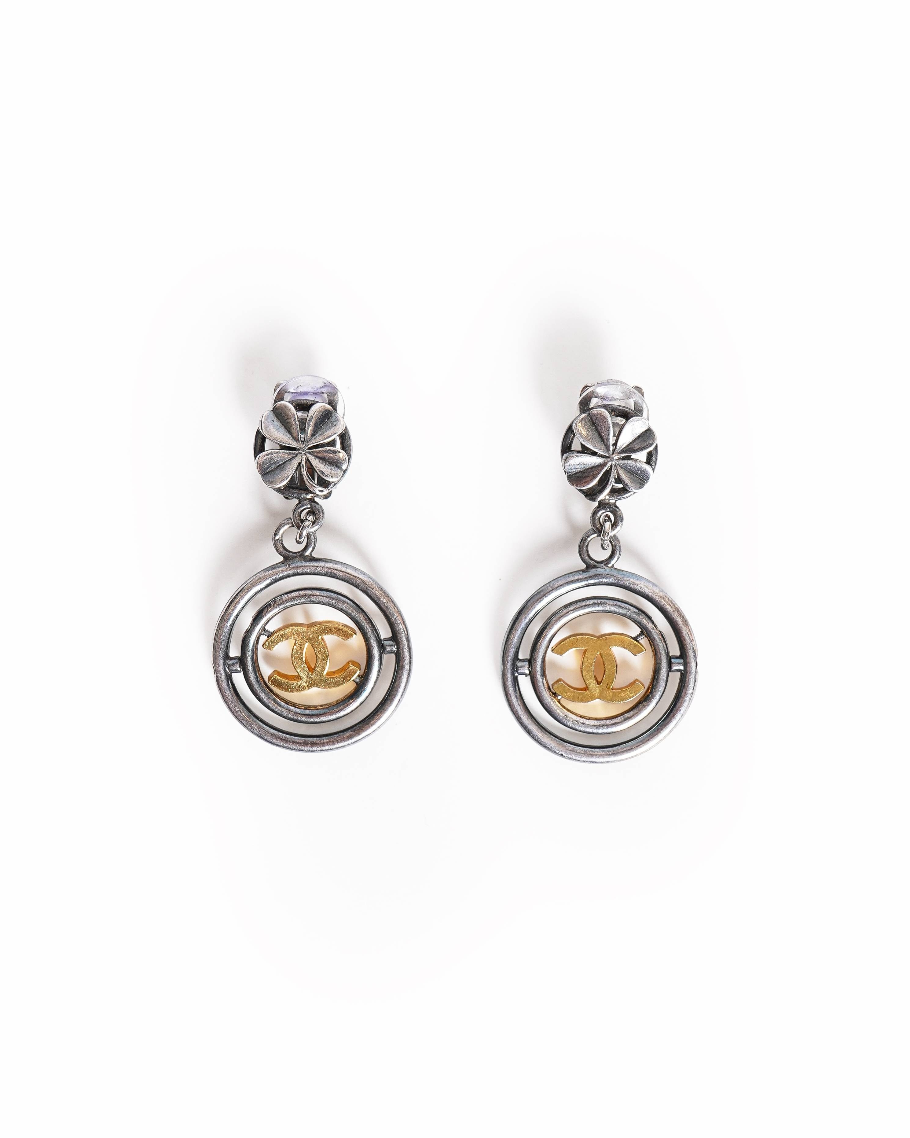 Chanel Vintage Chanel CC Logos Clover Dangle Earrings Silver & Gold Tone, Made In France 1990s