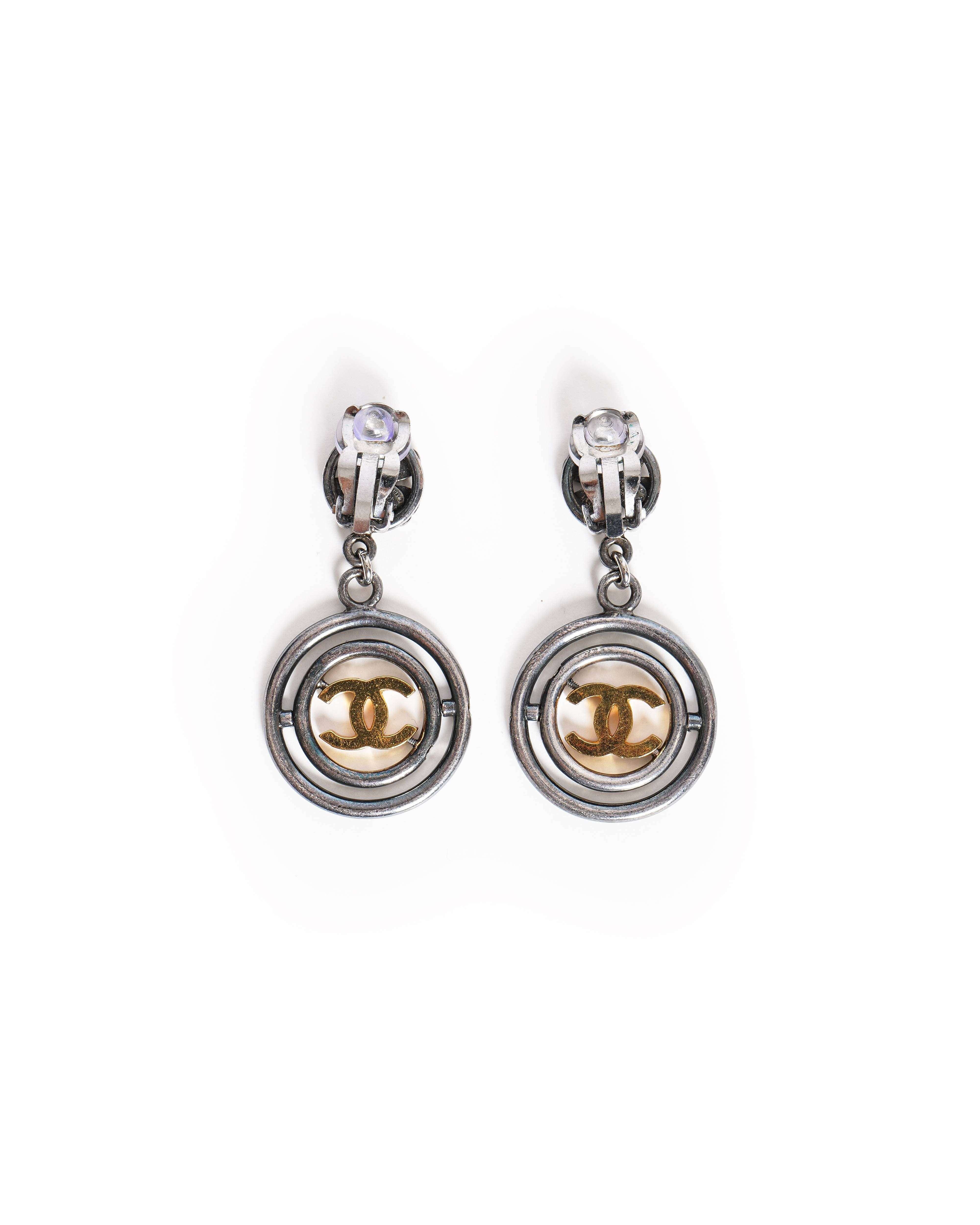 Chanel Vintage Chanel CC Logos Clover Dangle Earrings Silver & Gold Tone, Made In France 1990s