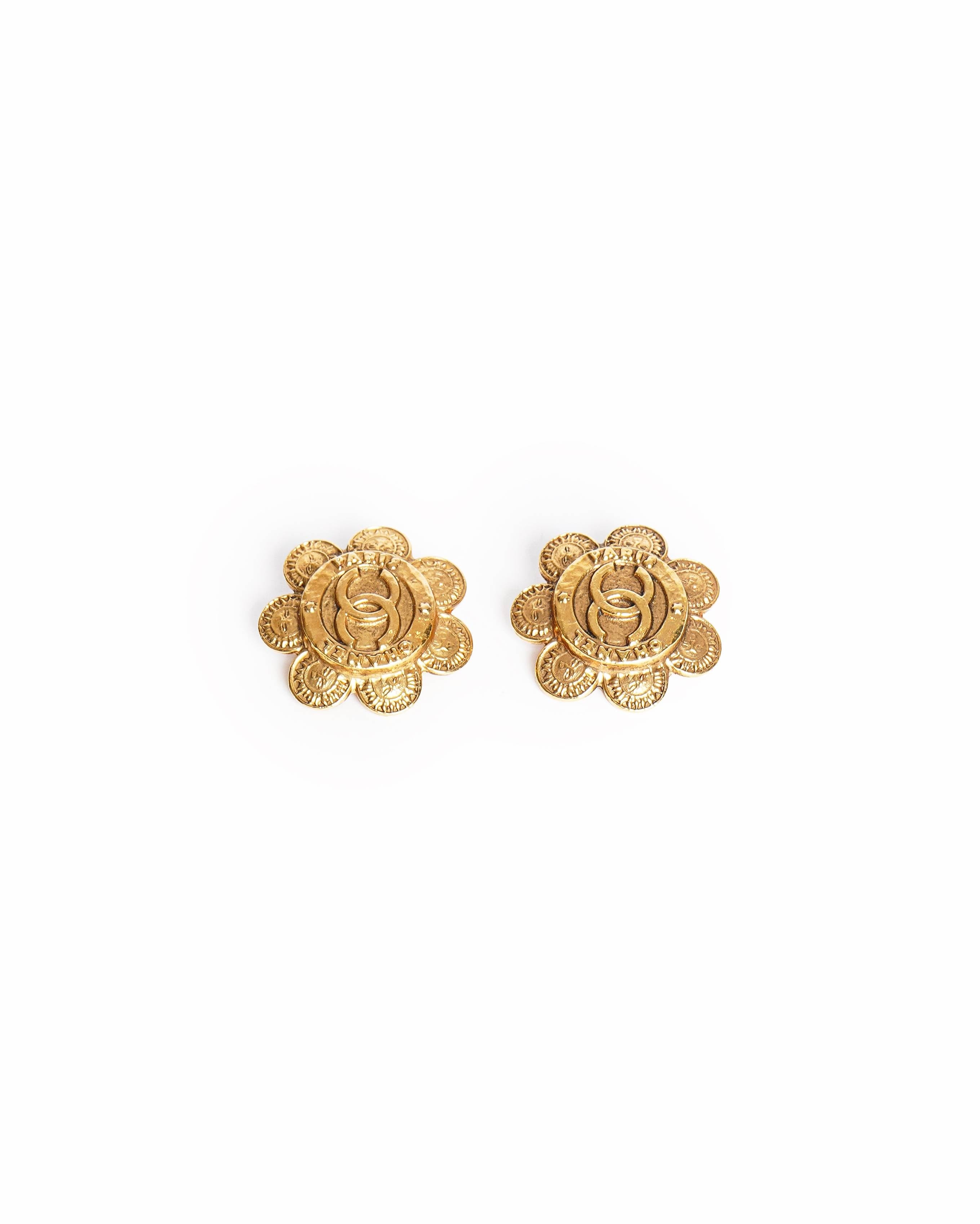 Chanel Vintage Chanel CC Gold Plated Flower Coin Earring, Made In France 1990s