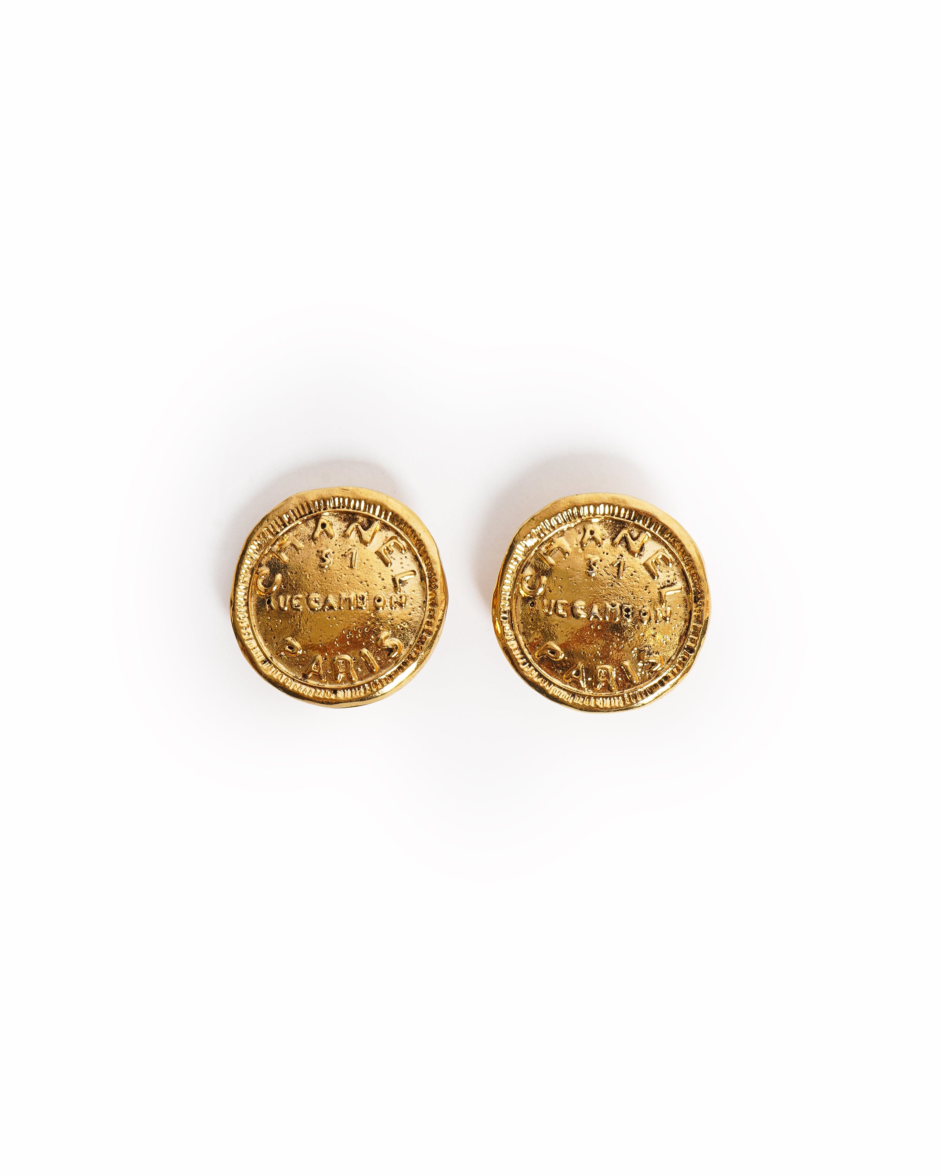Chanel Vintage Heavy Gold - Plated 31 Rue Cambon Clip - On Earrings, Made In France 1990s
