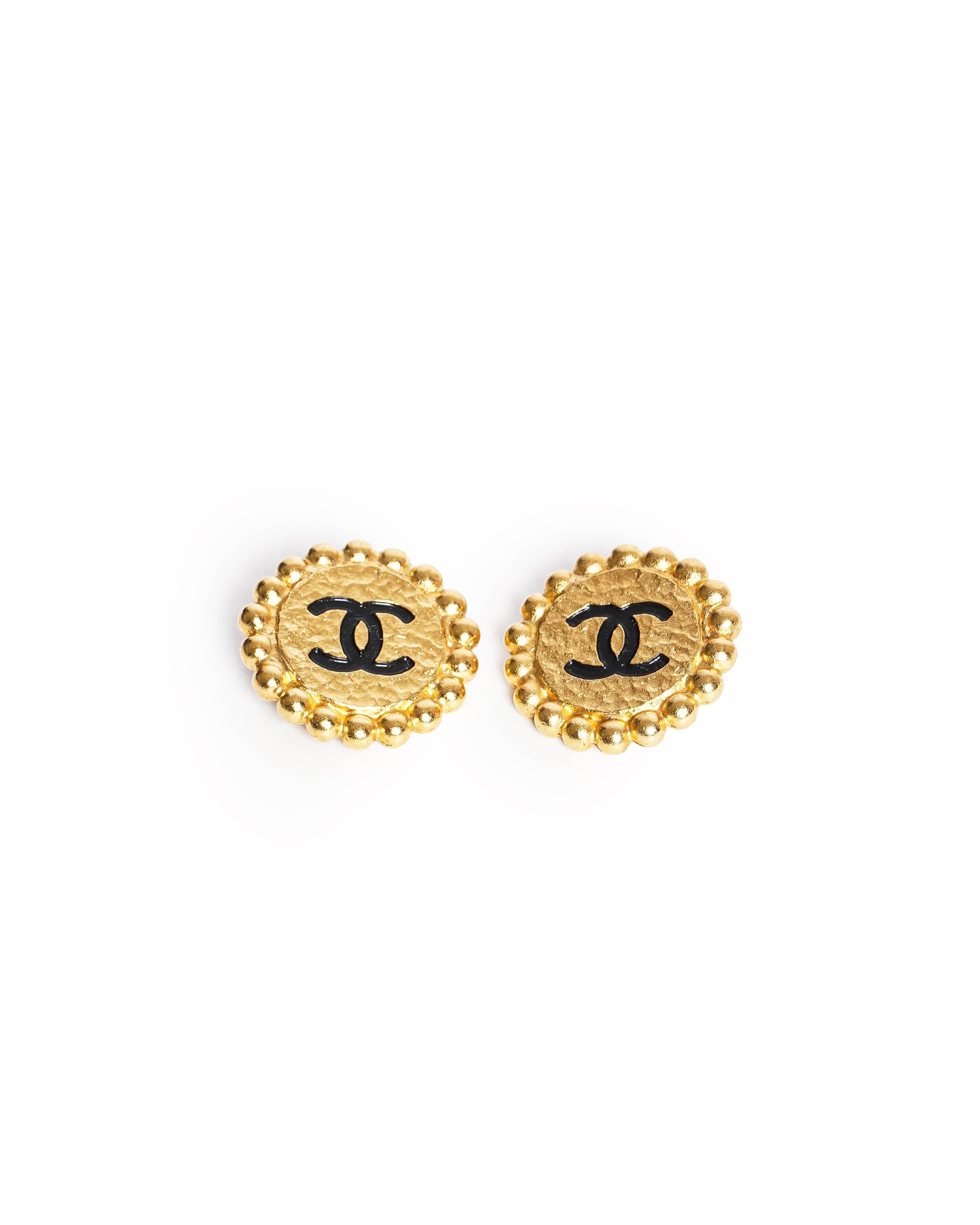 Chanel Vintage Chanel Gold Plated Earring With Black Enamel, Made In France 1995