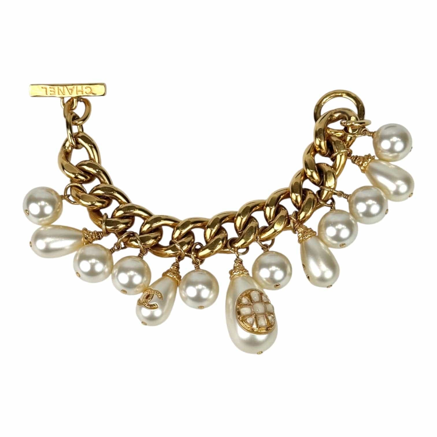 Chanel 20K Pearl Charm Cuff Gold Bracelet