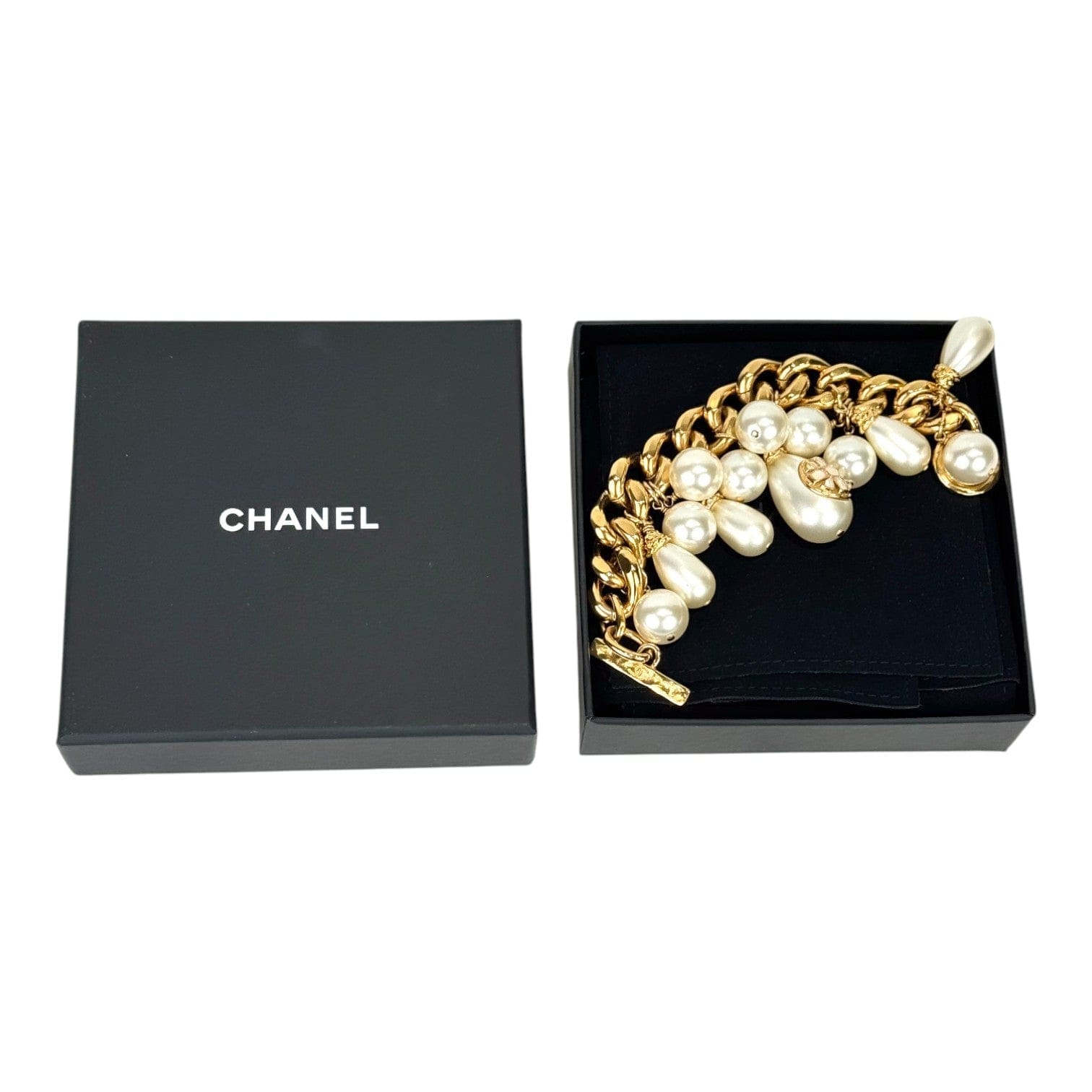 Chanel 20K Pearl Charm Cuff Gold Bracelet
